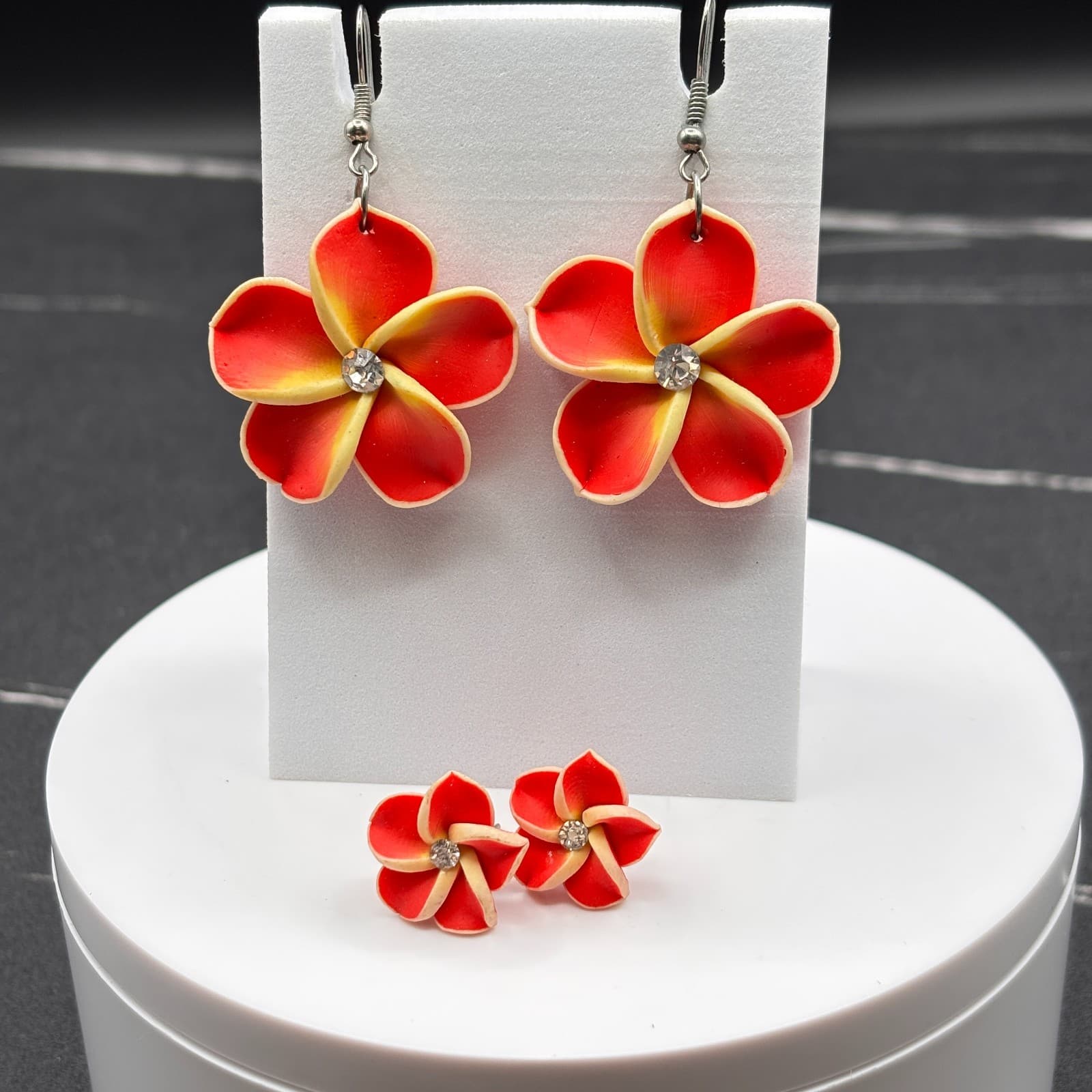Y2K Plumeria Flower Red & Yellow Dangle Tops & Earrings Tropical Jewelry - Image 1
