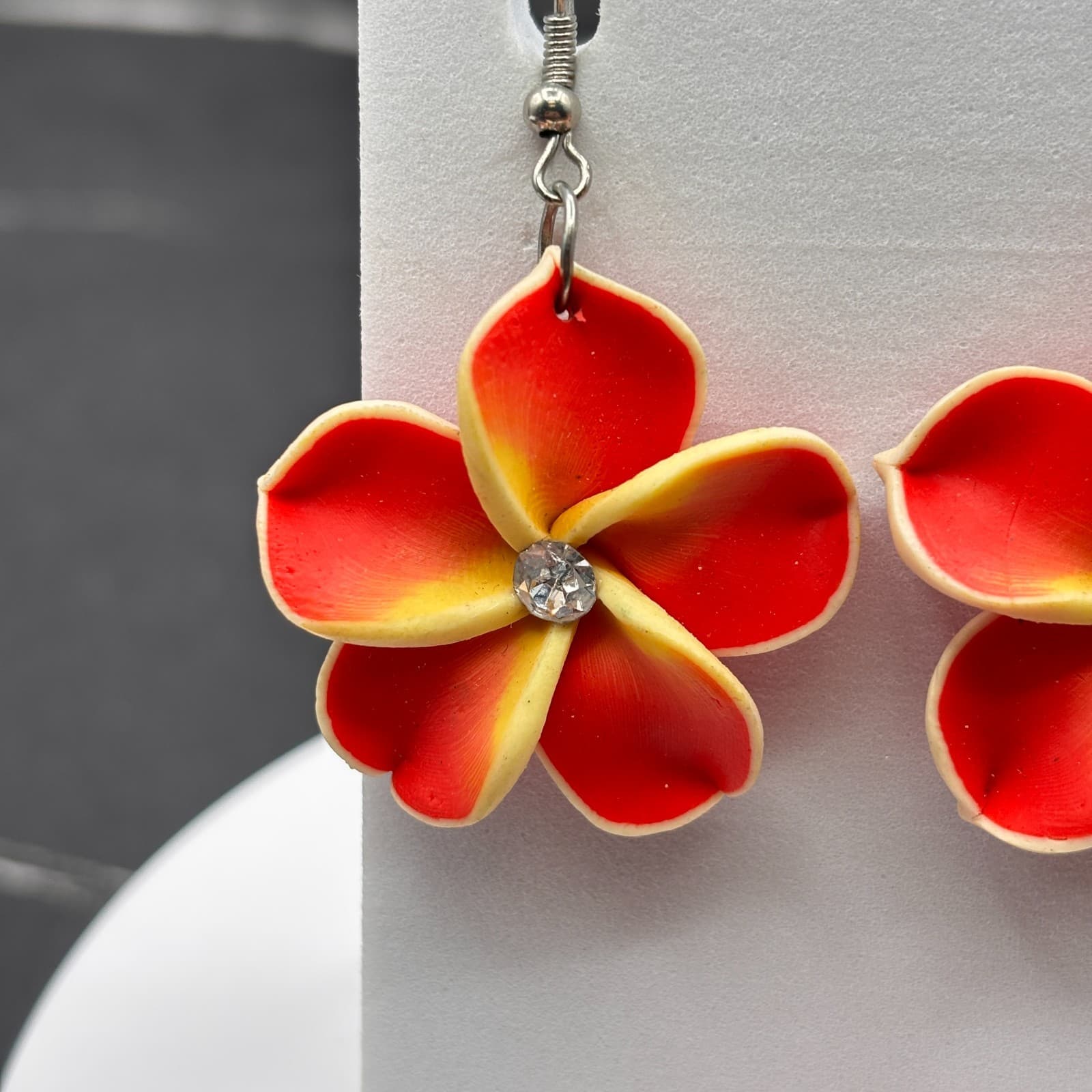 Y2K Plumeria Flower Red & Yellow Dangle Tops & Earrings Tropical Jewelry - Thumbnail 4