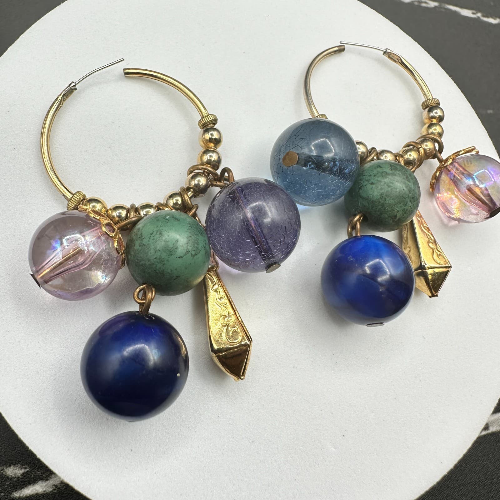 Vintage Gold Tone Chandelier Hoop Earrings Multi Bead Charm Dangle Drop - Thumbnail 13