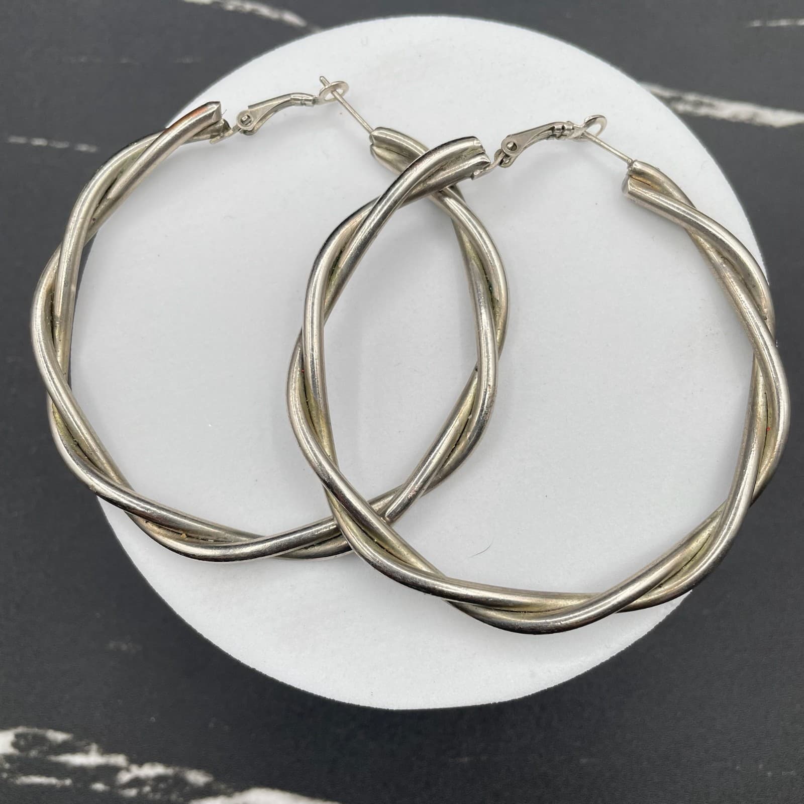 Vintage Retro Silver-Tone Classic Puff Twist Wrapped Hoop Latch Back Earrings - Image 1