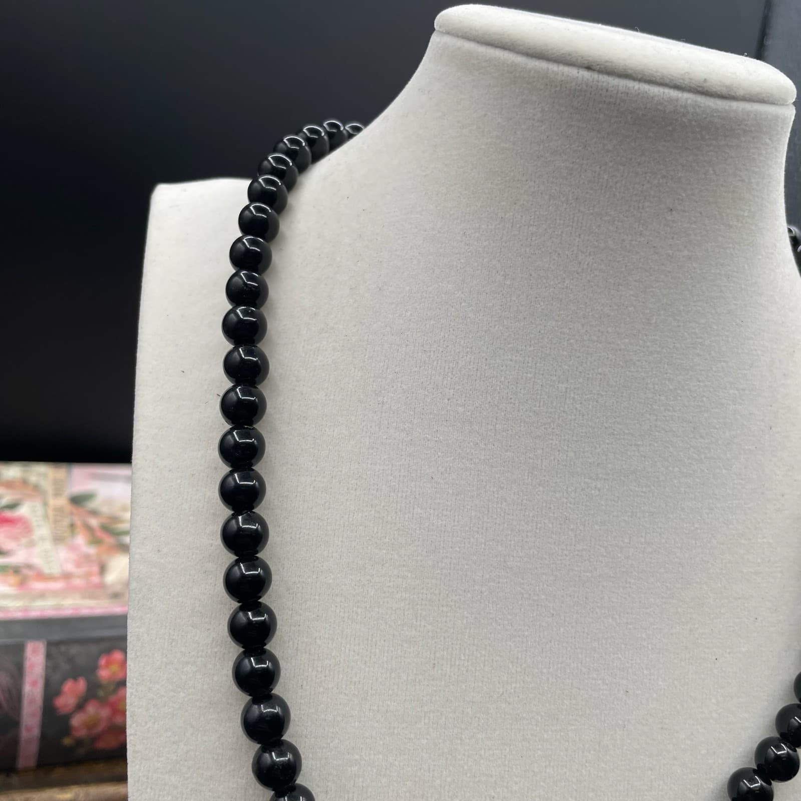 Vintage Black Classic Fashion Onyx Round Beaded Statement Lobster Necklace - Thumbnail 5