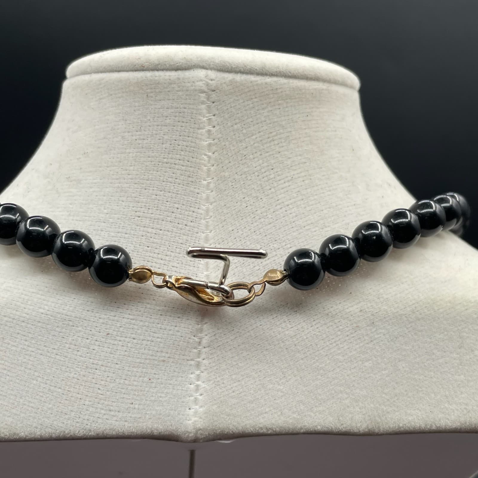 Vintage Black Classic Fashion Onyx Round Beaded Statement Lobster Necklace - Thumbnail 9