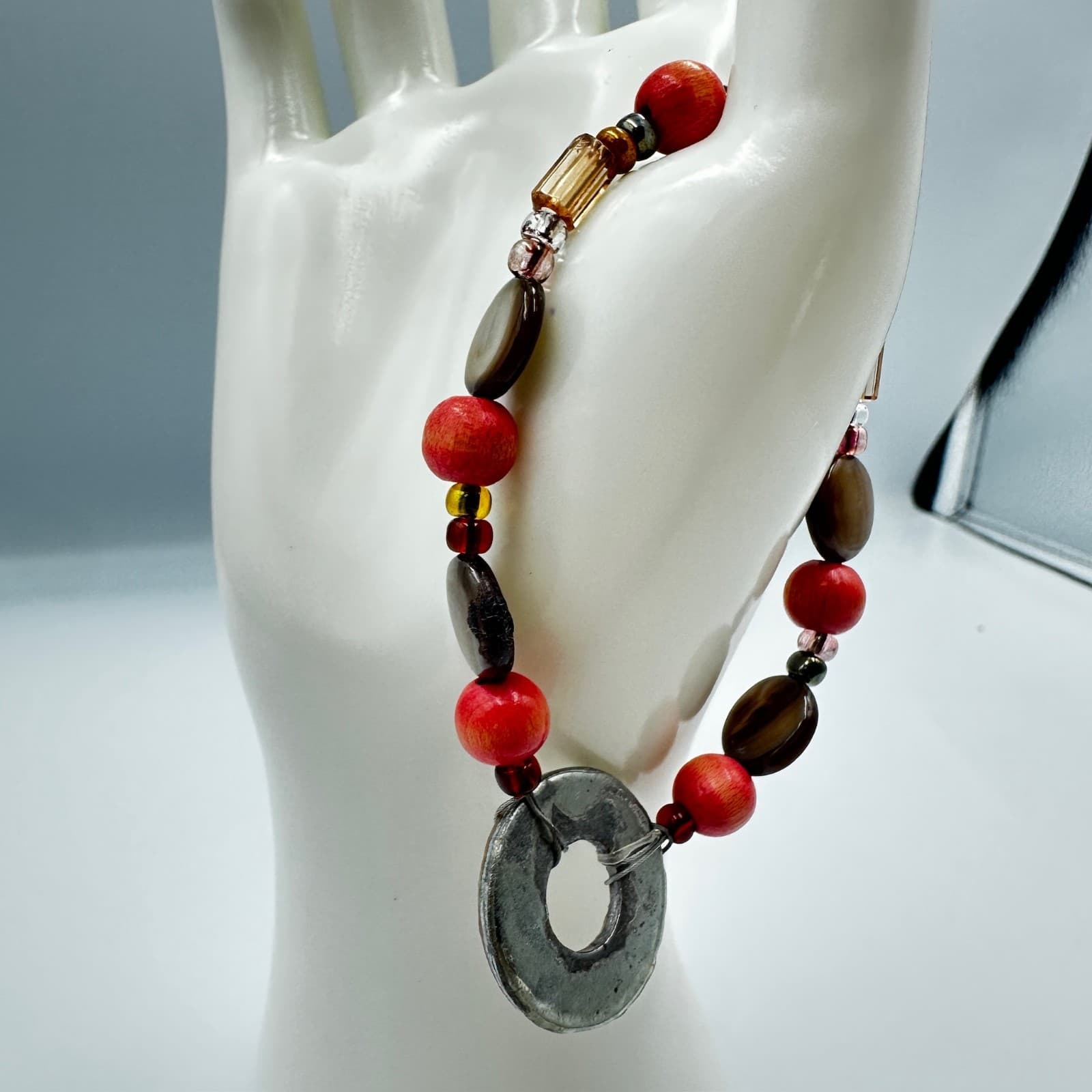 Boho Beaded Bracelet w/ Earthy Mixed Beads & Antique-Style Donut Pendant - Thumbnail 2