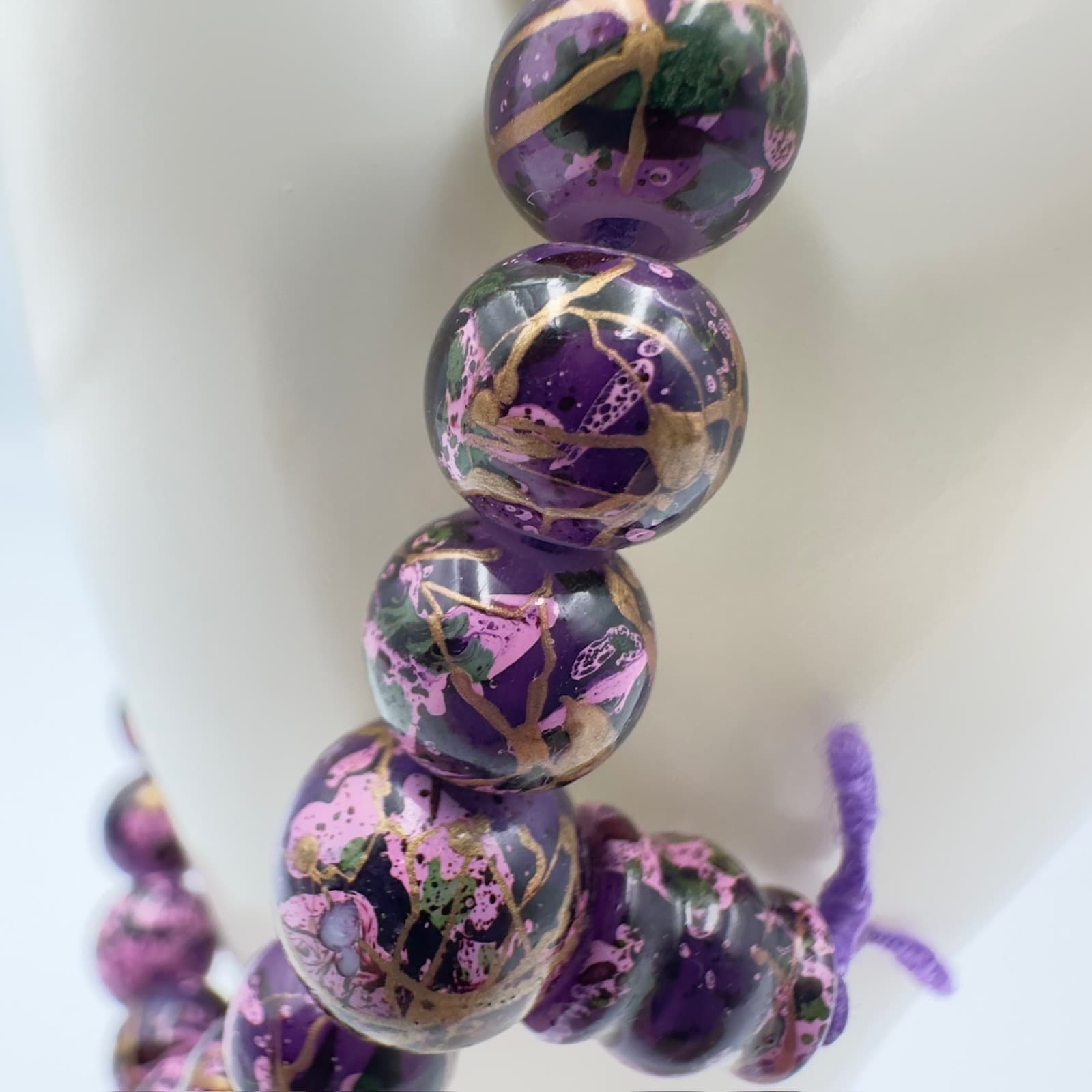 Purple Marbled Bead Stretch Bracelet Boho Chic Style - Thumbnail 5