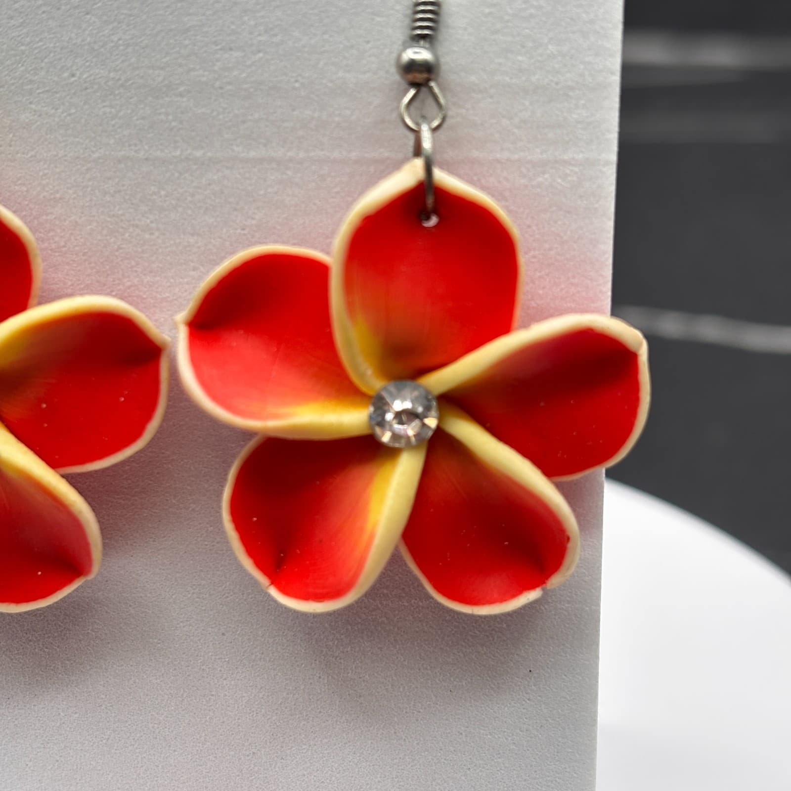Y2K Plumeria Flower Red & Yellow Dangle Tops & Earrings Tropical Jewelry - Thumbnail 3