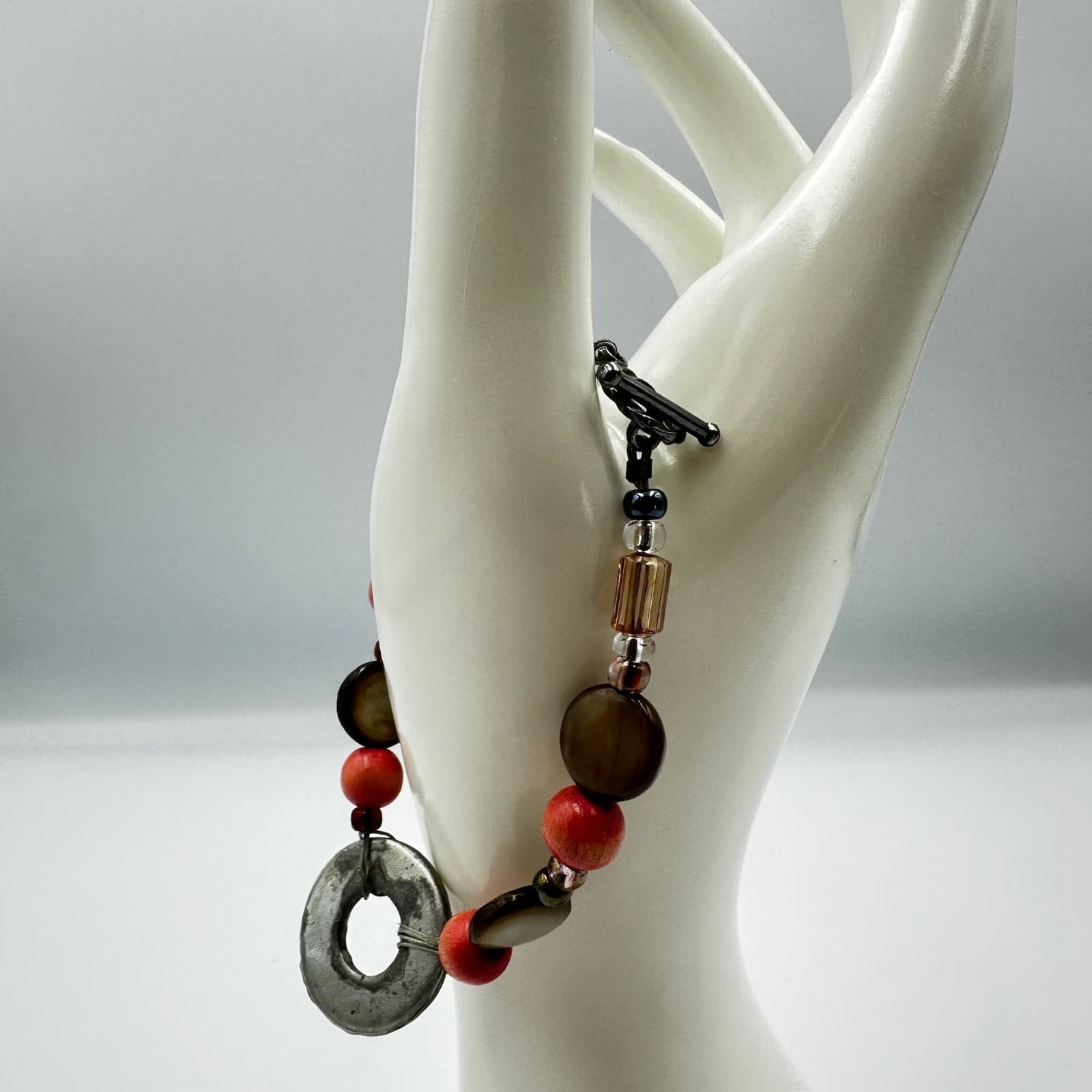 Boho Beaded Bracelet w/ Earthy Mixed Beads & Antique-Style Donut Pendant - Thumbnail 3