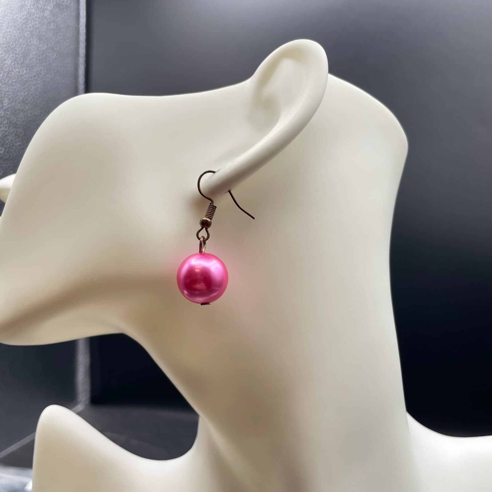 Vintage Bronze-Tone Fuchsia Pink Round Beaded Drop Dangle French Hook Earrings - Thumbnail 6