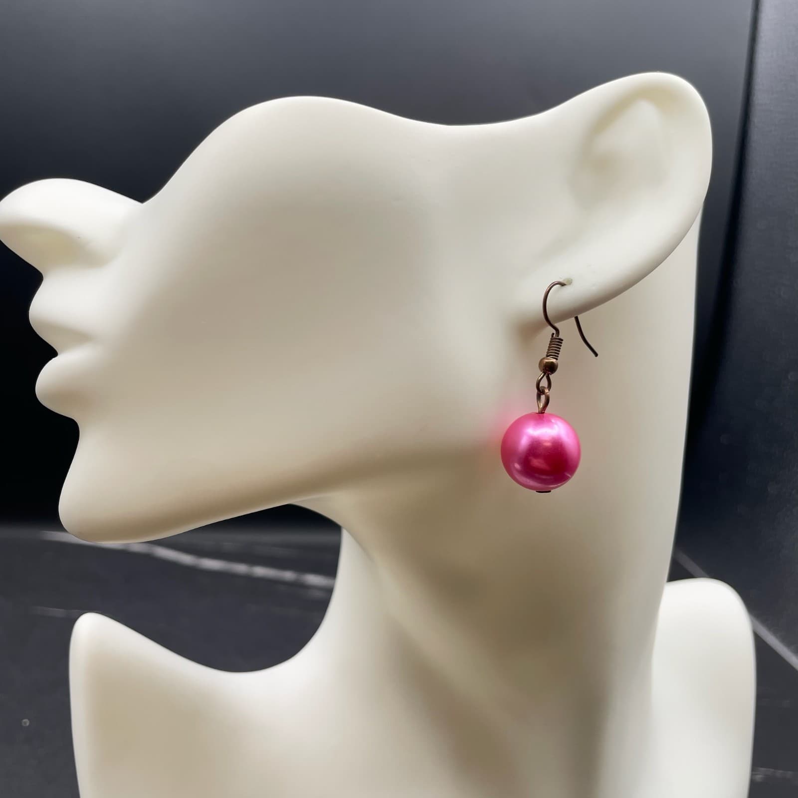 Vintage Bronze-Tone Fuchsia Pink Round Beaded Drop Dangle French Hook Earrings - Thumbnail 3