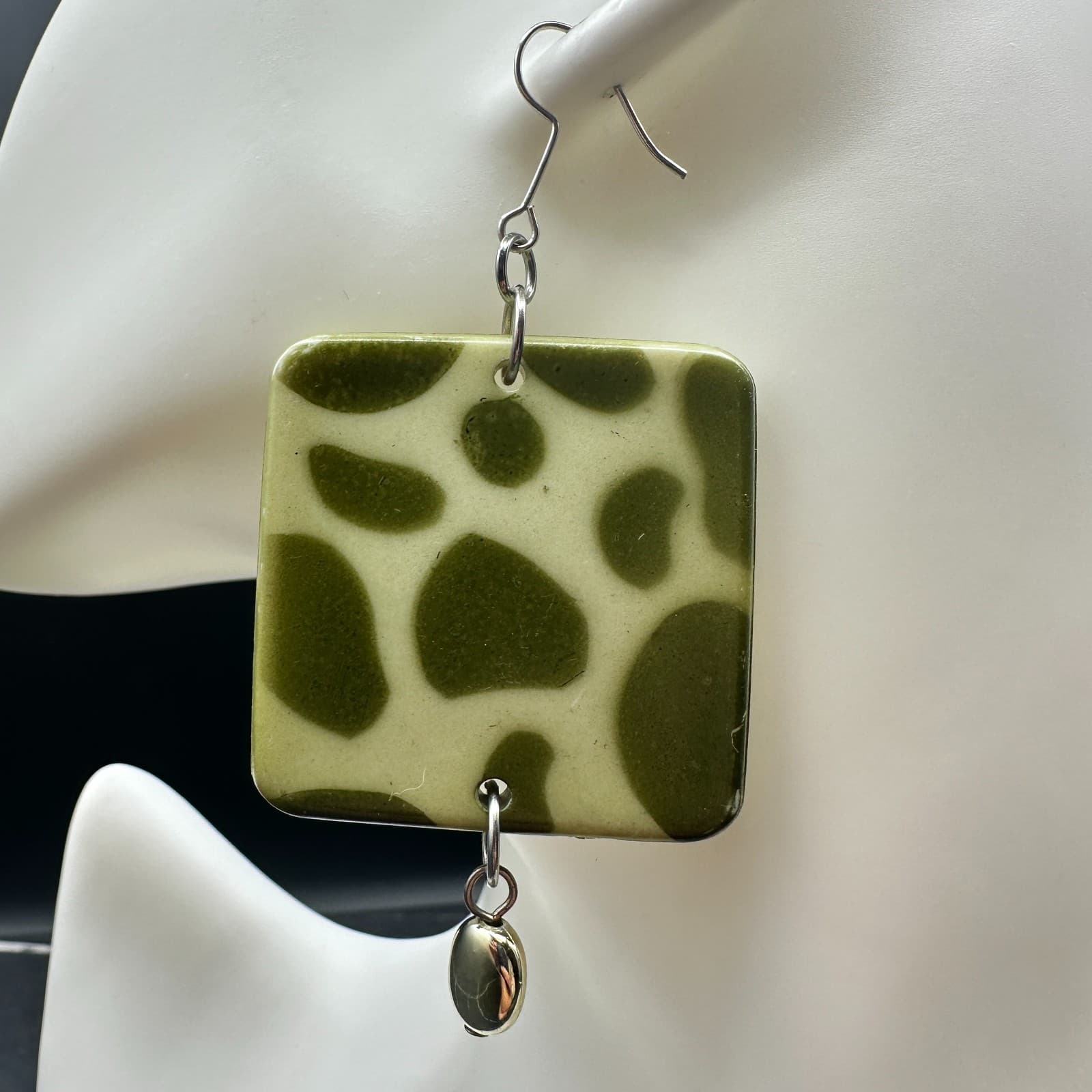 VTG Green Abstract Square Dangle Earrings Retro Plastic Geometric Drop Jewelry - Thumbnail 8