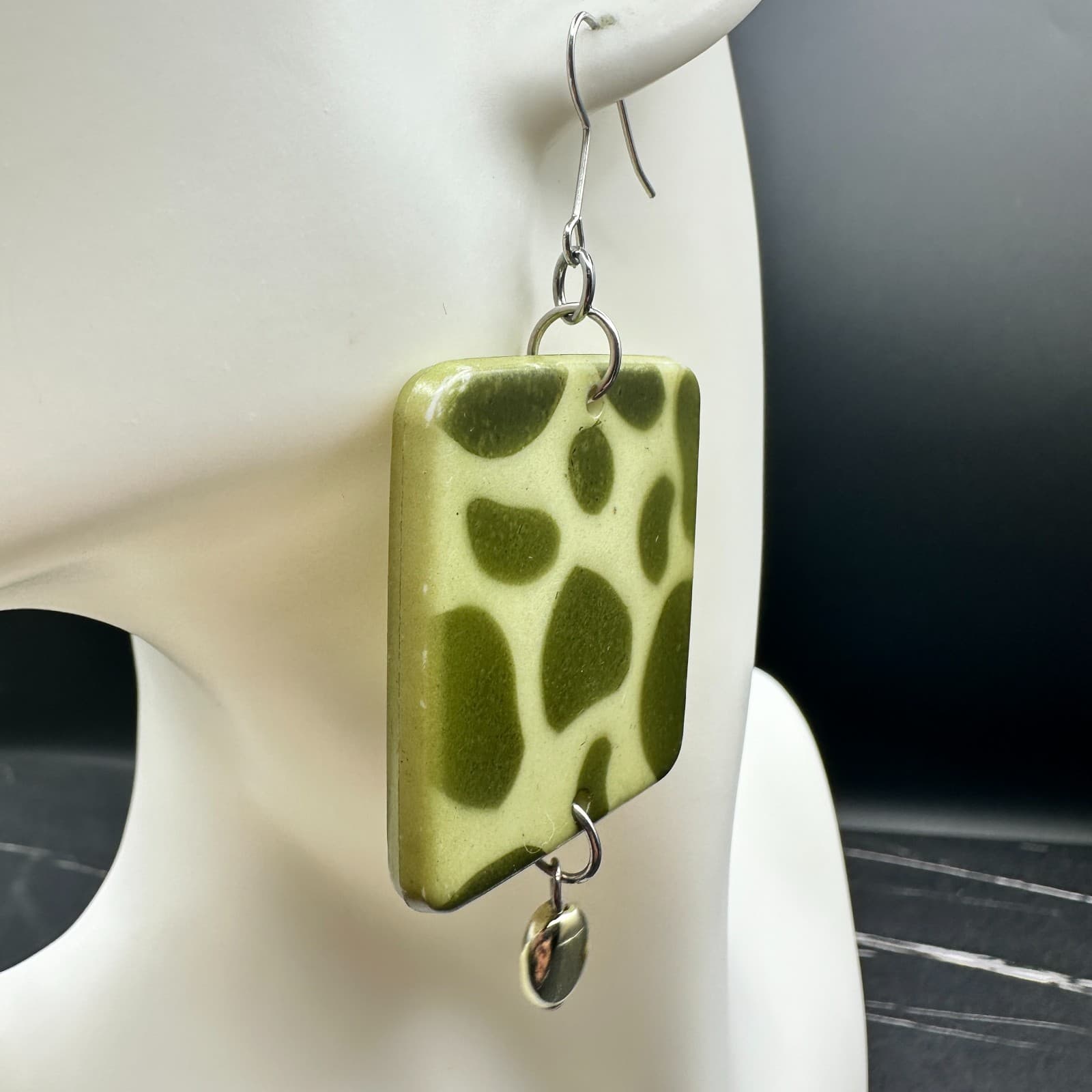 VTG Green Abstract Square Dangle Earrings Retro Plastic Geometric Drop Jewelry - Thumbnail 5