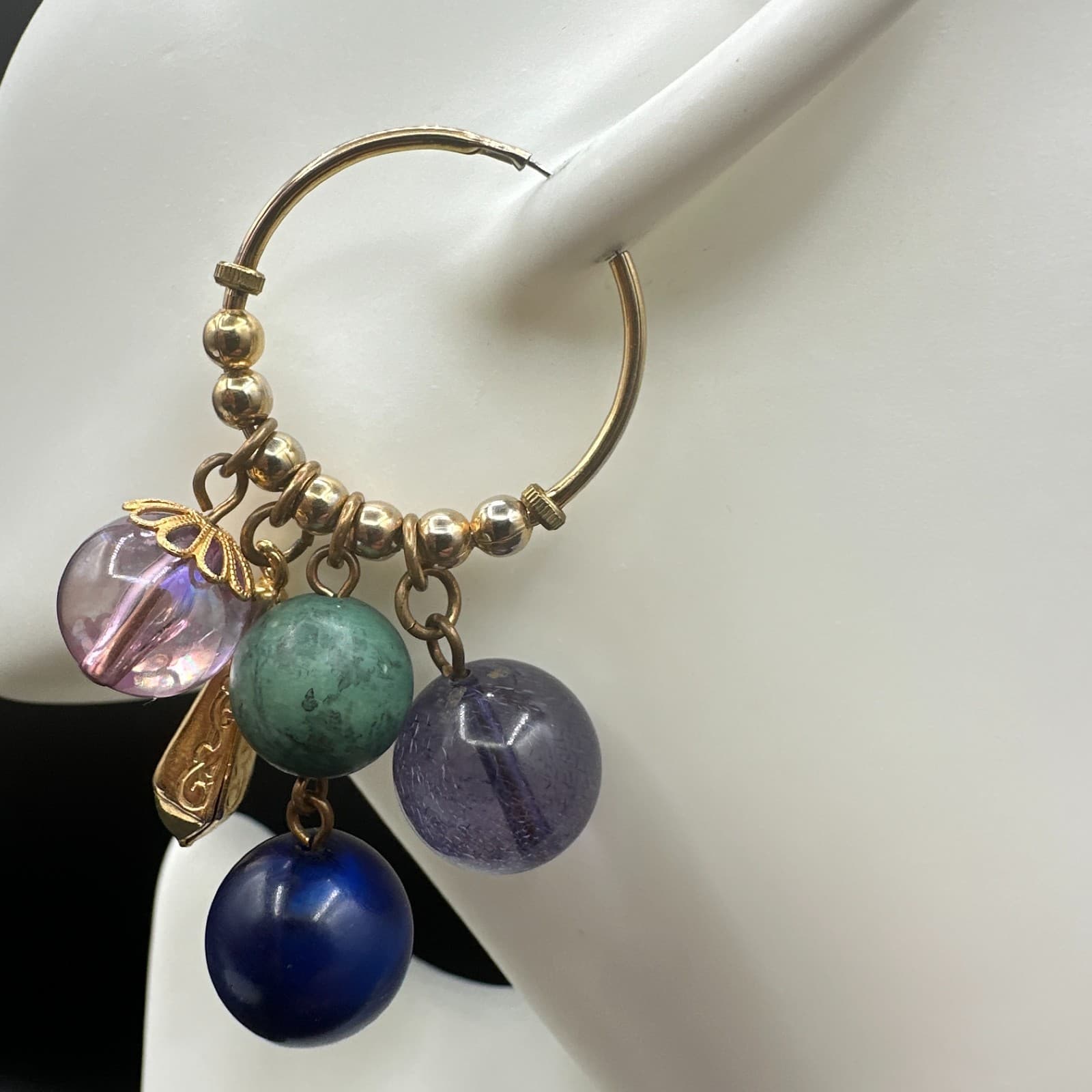 Vintage Gold Tone Chandelier Hoop Earrings Multi Bead Charm Dangle Drop - Thumbnail 5