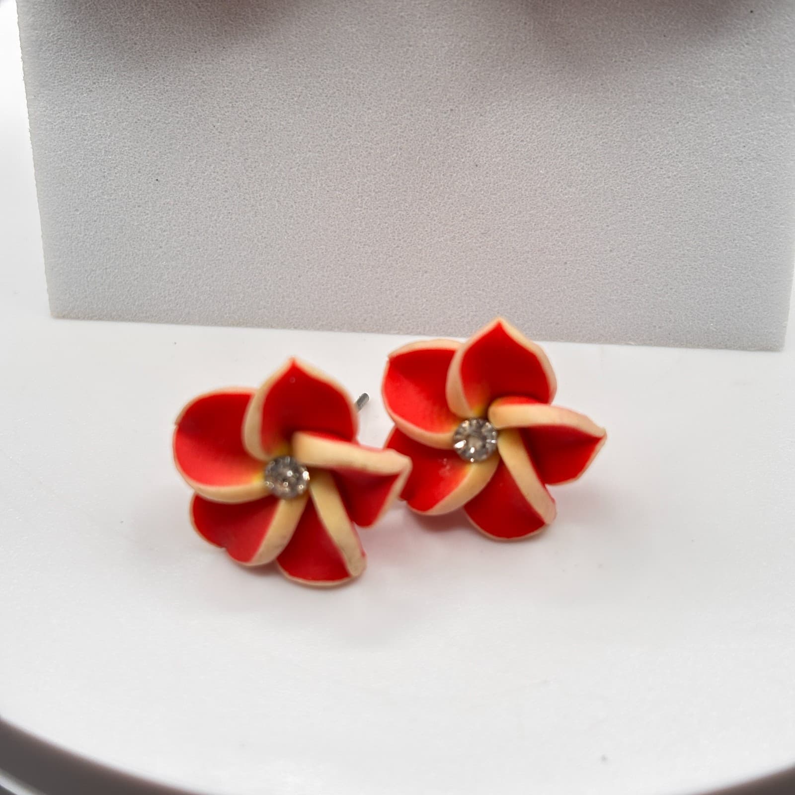 Y2K Plumeria Flower Red & Yellow Dangle Tops & Earrings Tropical Jewelry - Thumbnail 2