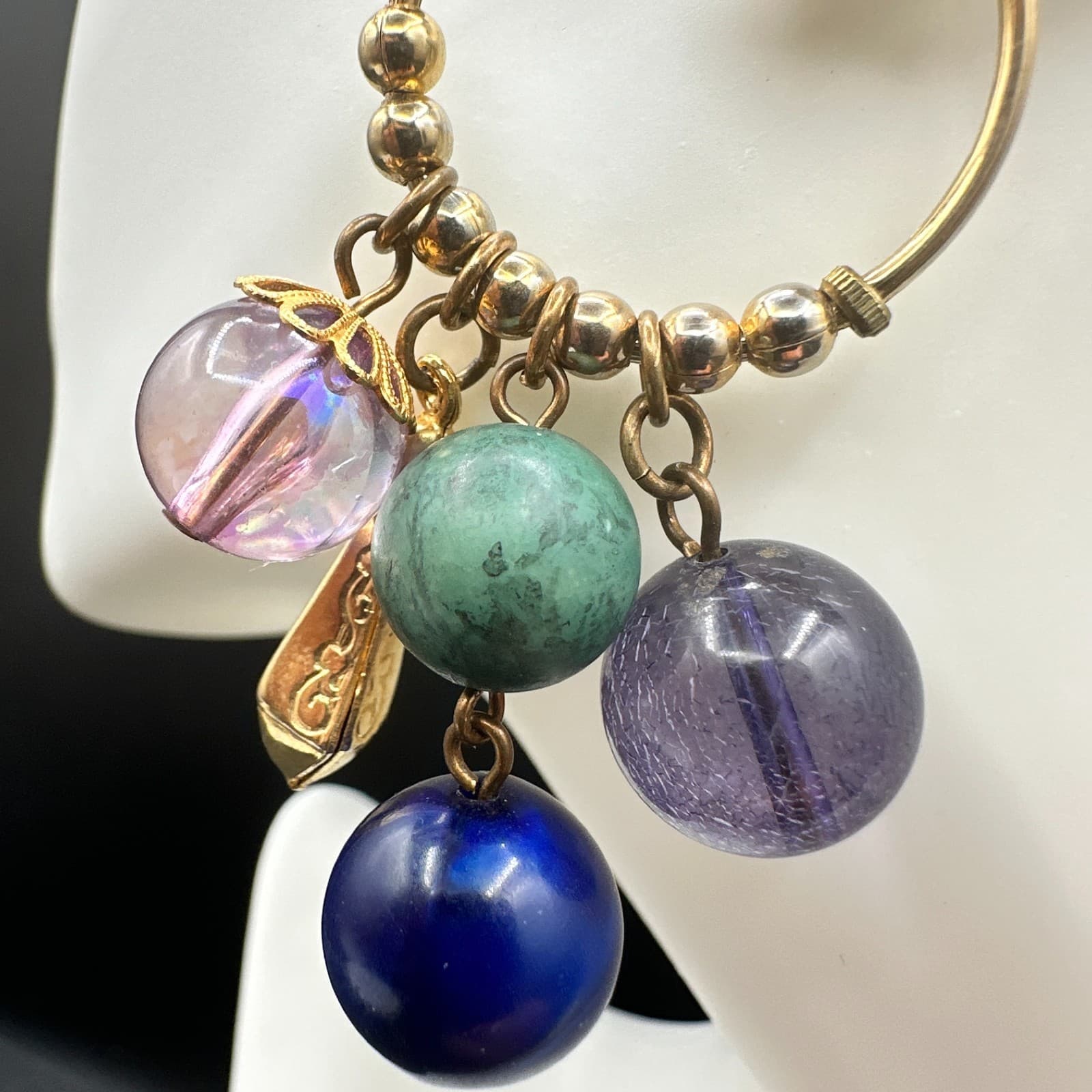 Vintage Gold Tone Chandelier Hoop Earrings Multi Bead Charm Dangle Drop - Thumbnail 7