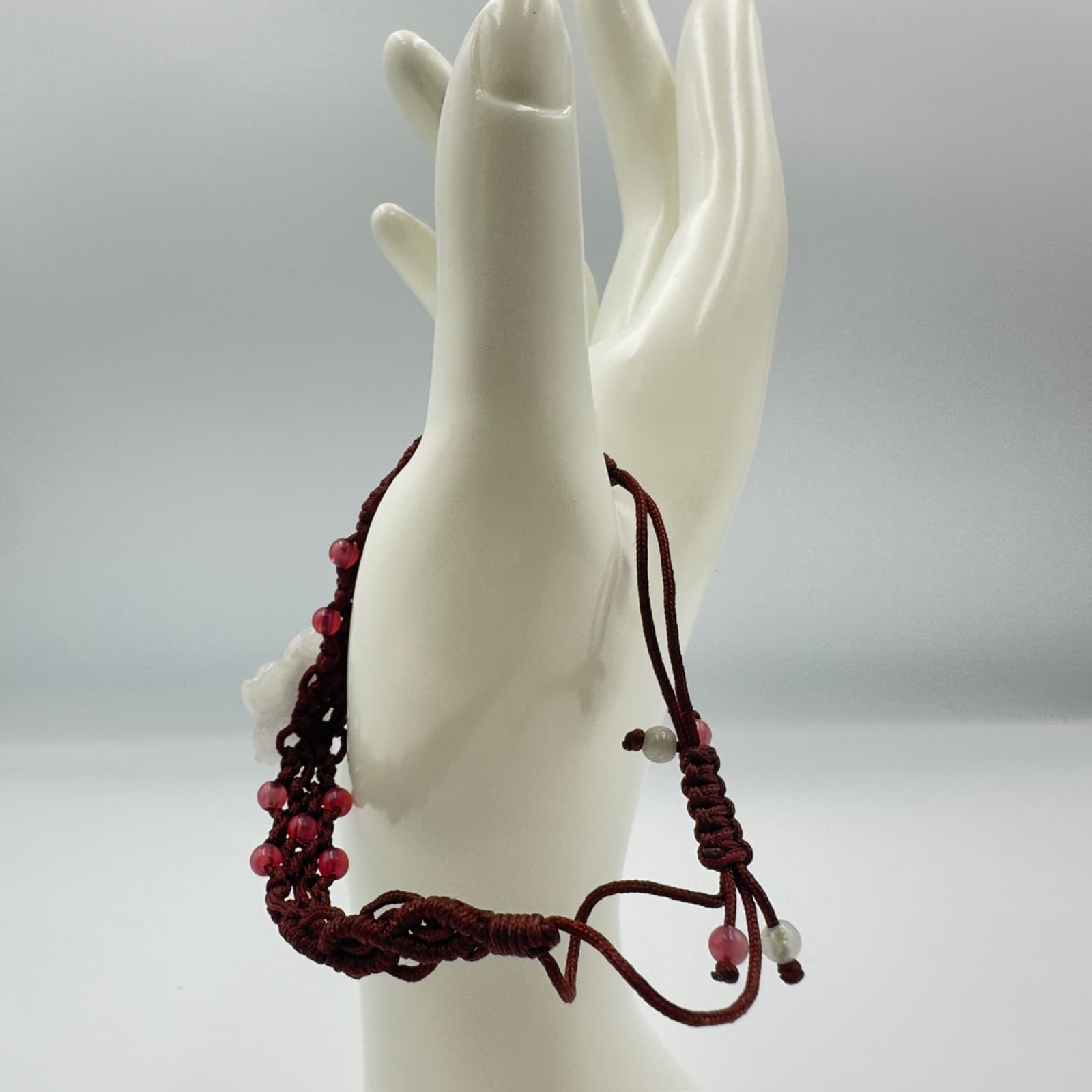 Red Macramé Beaded Bracelet w/ White Flower Charm Boho Artisan - Thumbnail 2