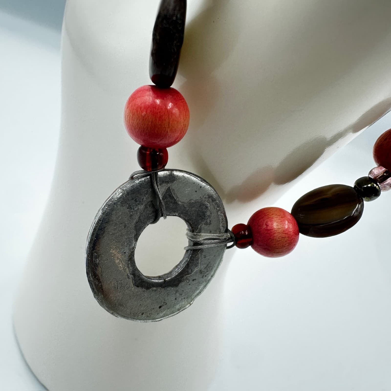 Boho Beaded Bracelet w/ Earthy Mixed Beads & Antique-Style Donut Pendant - Thumbnail 5