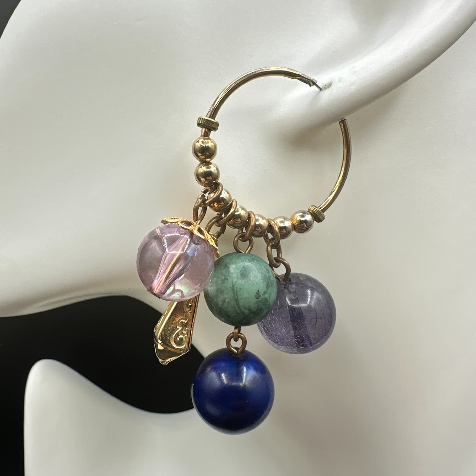 Vintage Gold Tone Chandelier Hoop Earrings Multi Bead Charm Dangle Drop - Thumbnail 3