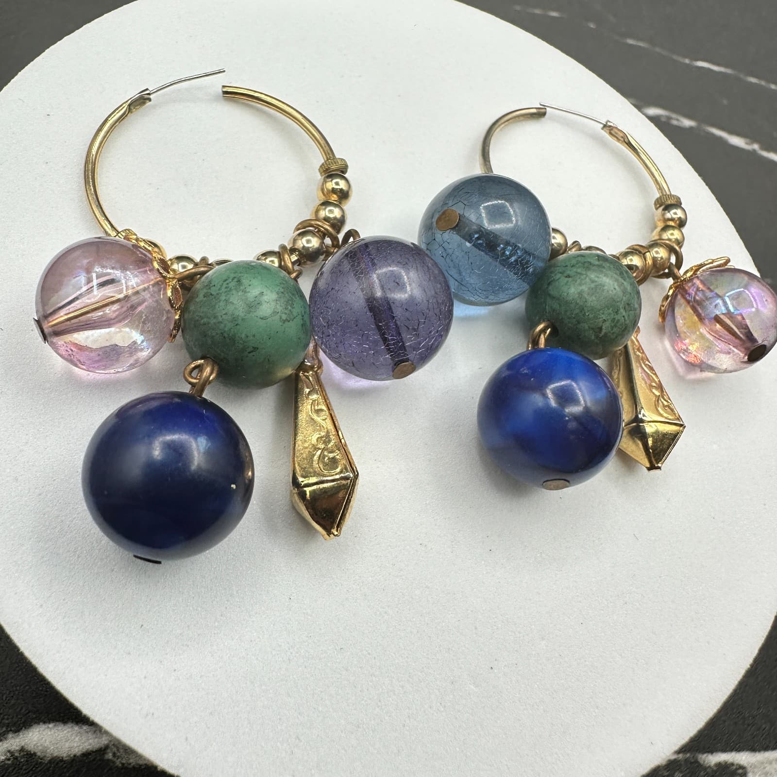 Vintage Gold Tone Chandelier Hoop Earrings Multi Bead Charm Dangle Drop - Thumbnail 12