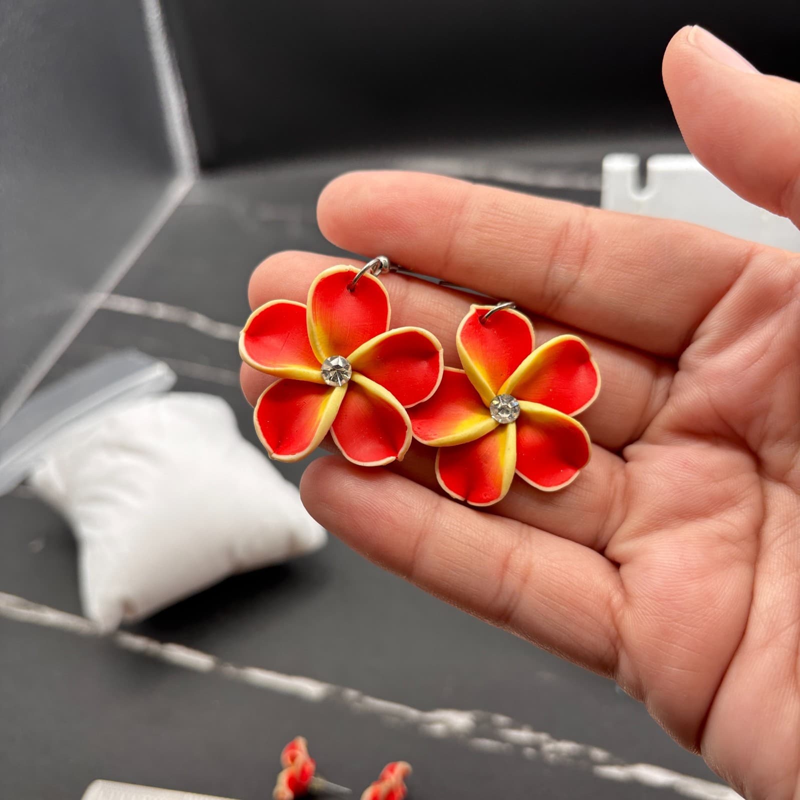 Y2K Plumeria Flower Red & Yellow Dangle Tops & Earrings Tropical Jewelry - Thumbnail 12