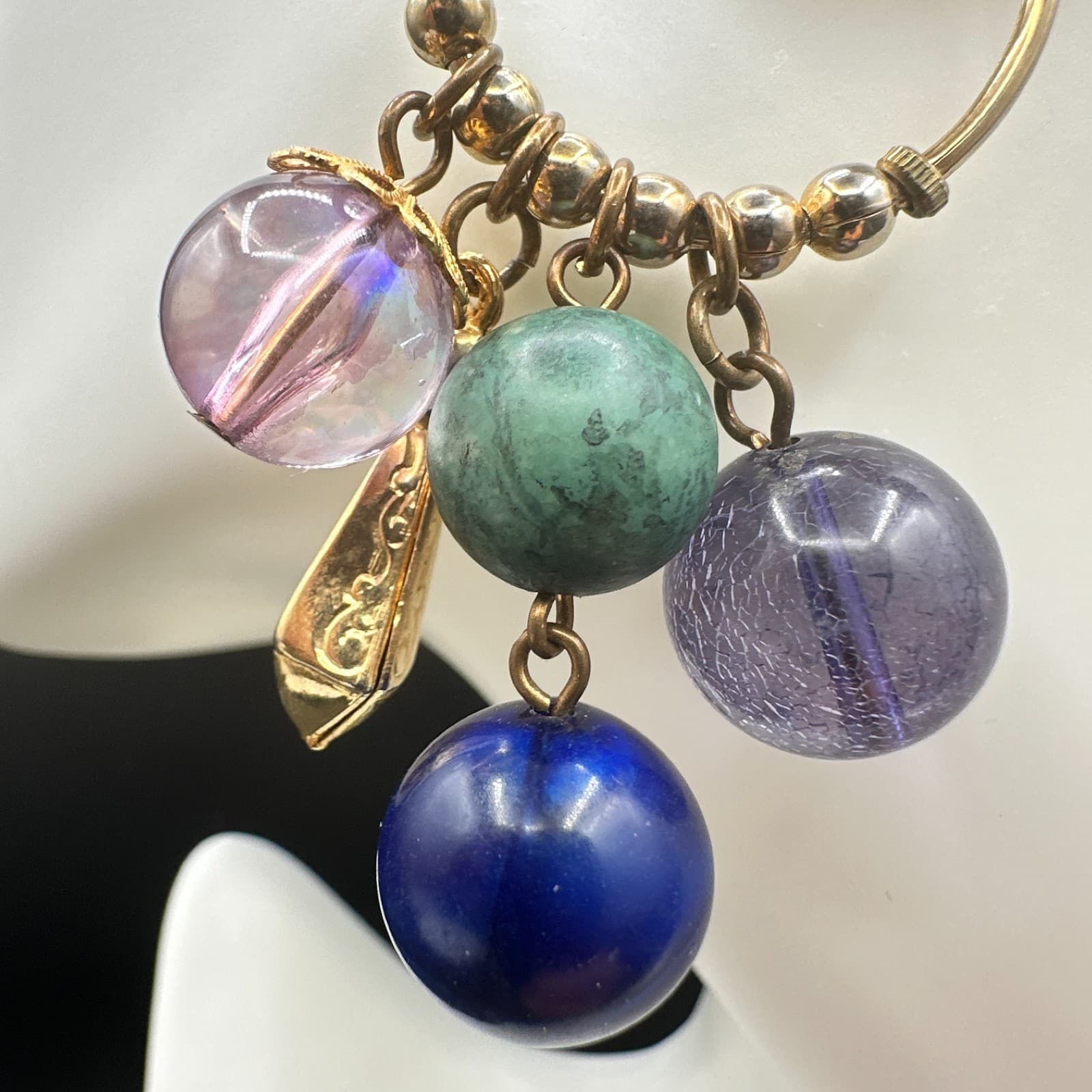 Vintage Gold Tone Chandelier Hoop Earrings Multi Bead Charm Dangle Drop - Thumbnail 8