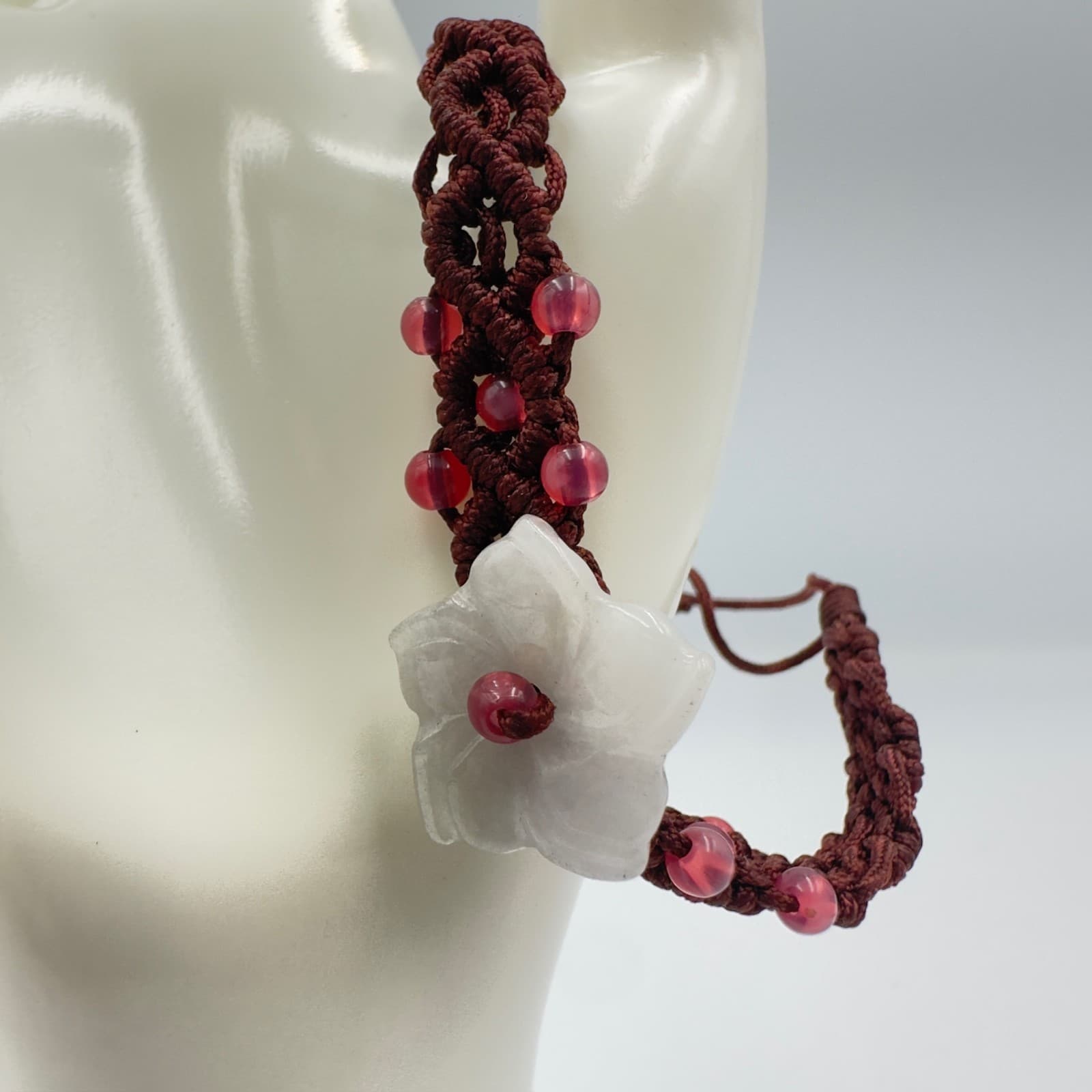 Red Macramé Beaded Bracelet w/ White Flower Charm Boho Artisan - Thumbnail 4