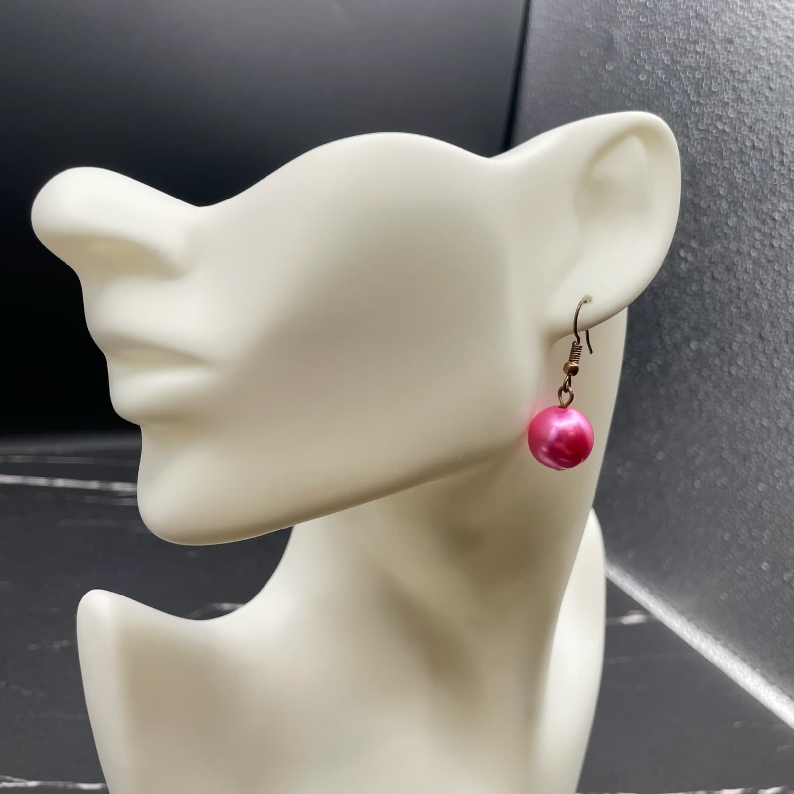 Vintage Bronze-Tone Fuchsia Pink Round Beaded Drop Dangle French Hook Earrings - Thumbnail 2