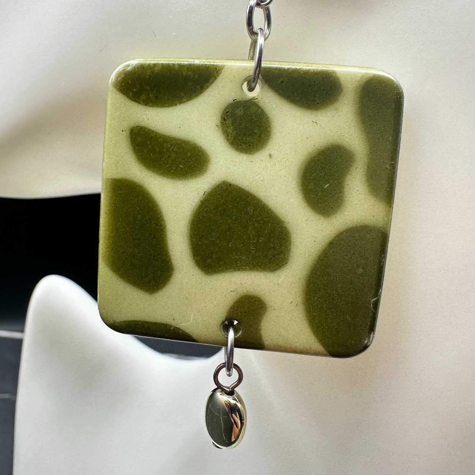 VTG Green Abstract Square Dangle Earrings Retro Plastic Geometric Drop Jewelry - Thumbnail 7