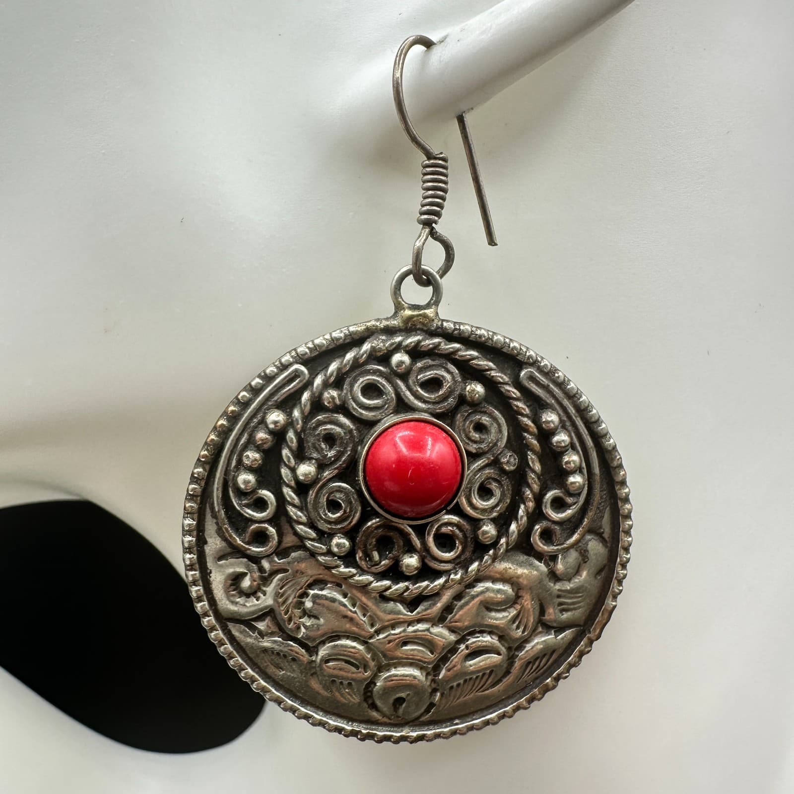 VTG Tibetan Ethnic Dangle Earrings Silver Tone Metal Red Stone Filigree Round - Thumbnail 2