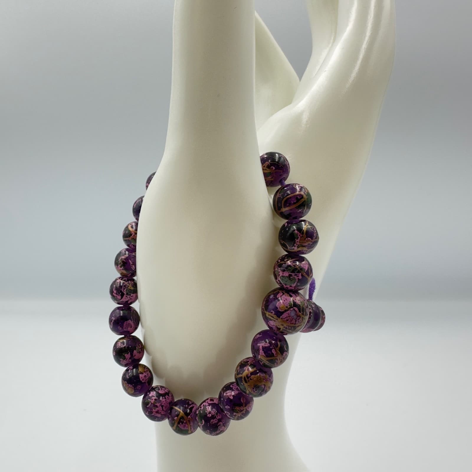Purple Marbled Bead Stretch Bracelet Boho Chic Style - Thumbnail 2