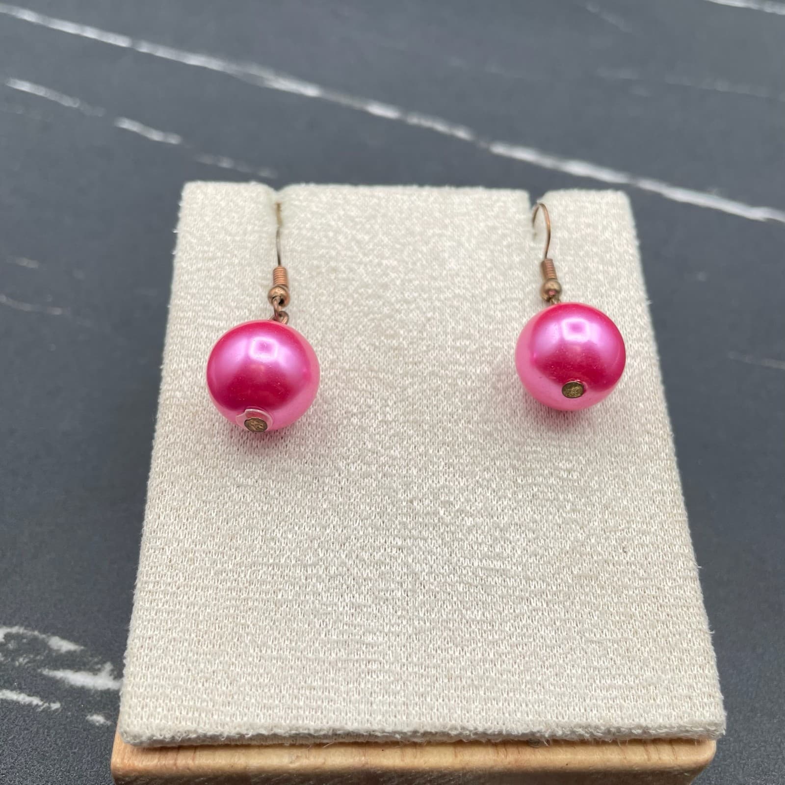 Vintage Bronze-Tone Fuchsia Pink Round Beaded Drop Dangle French Hook Earrings - Thumbnail 4