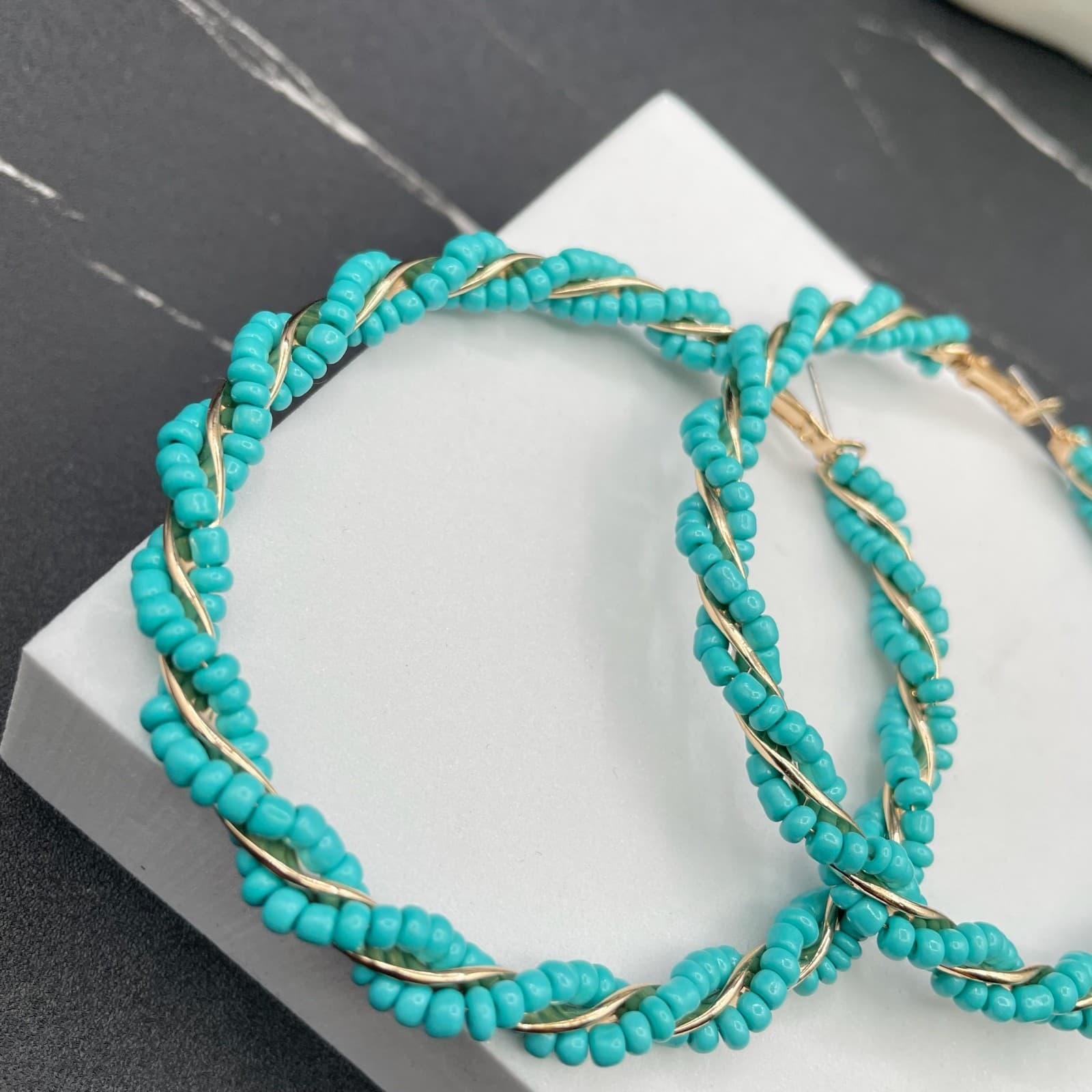 Bohemian Gold-Tone Helical Wrap Wire Turquoise Seed Bead Hoop Latch Earrings - Thumbnail 2