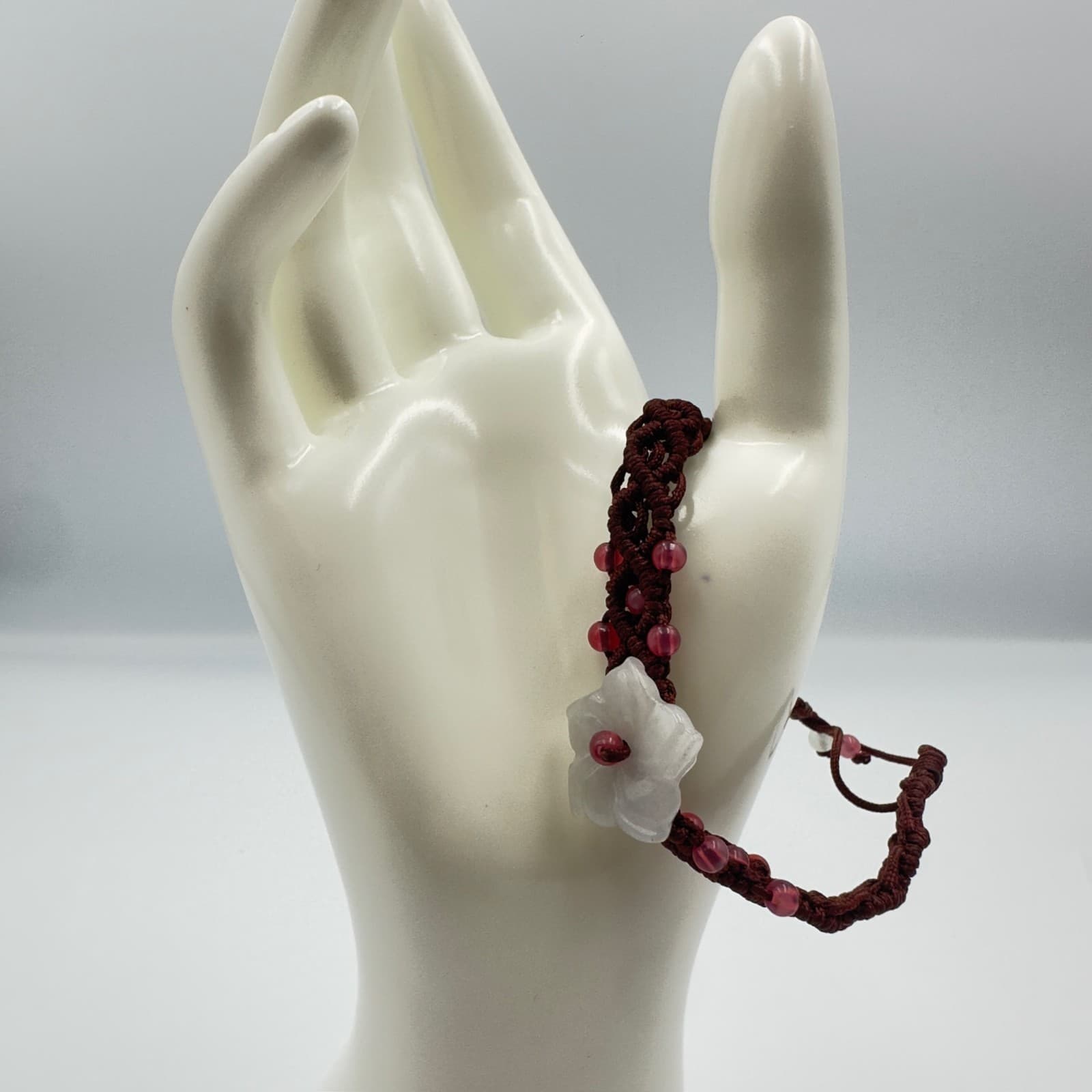 Red Macramé Beaded Bracelet w/ White Flower Charm Boho Artisan - Image 1