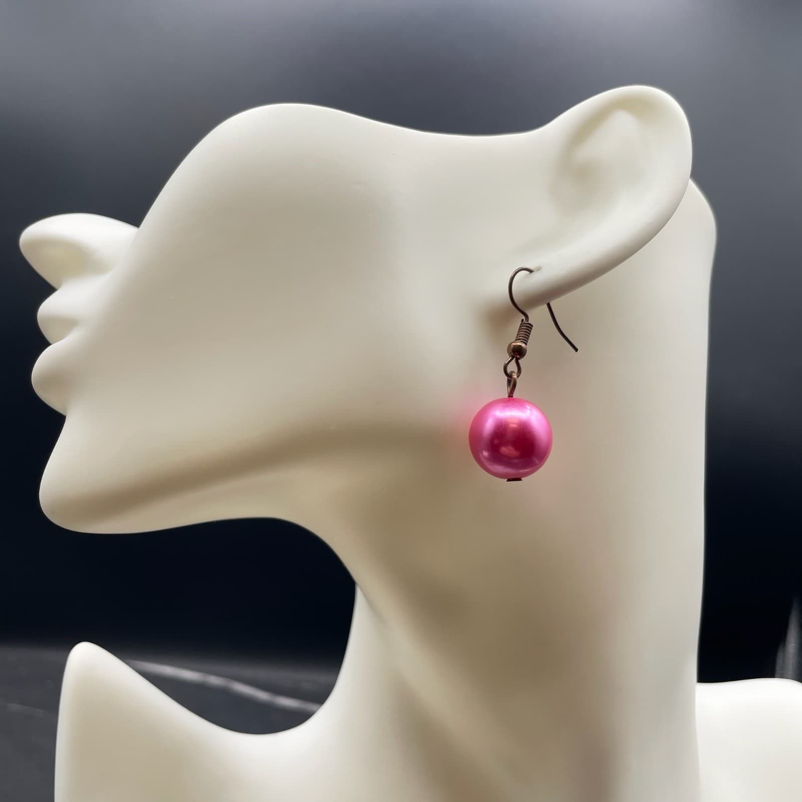 Vintage Bronze-Tone Fuchsia Pink Round Beaded Drop Dangle French Hook Earrings - Thumbnail 5