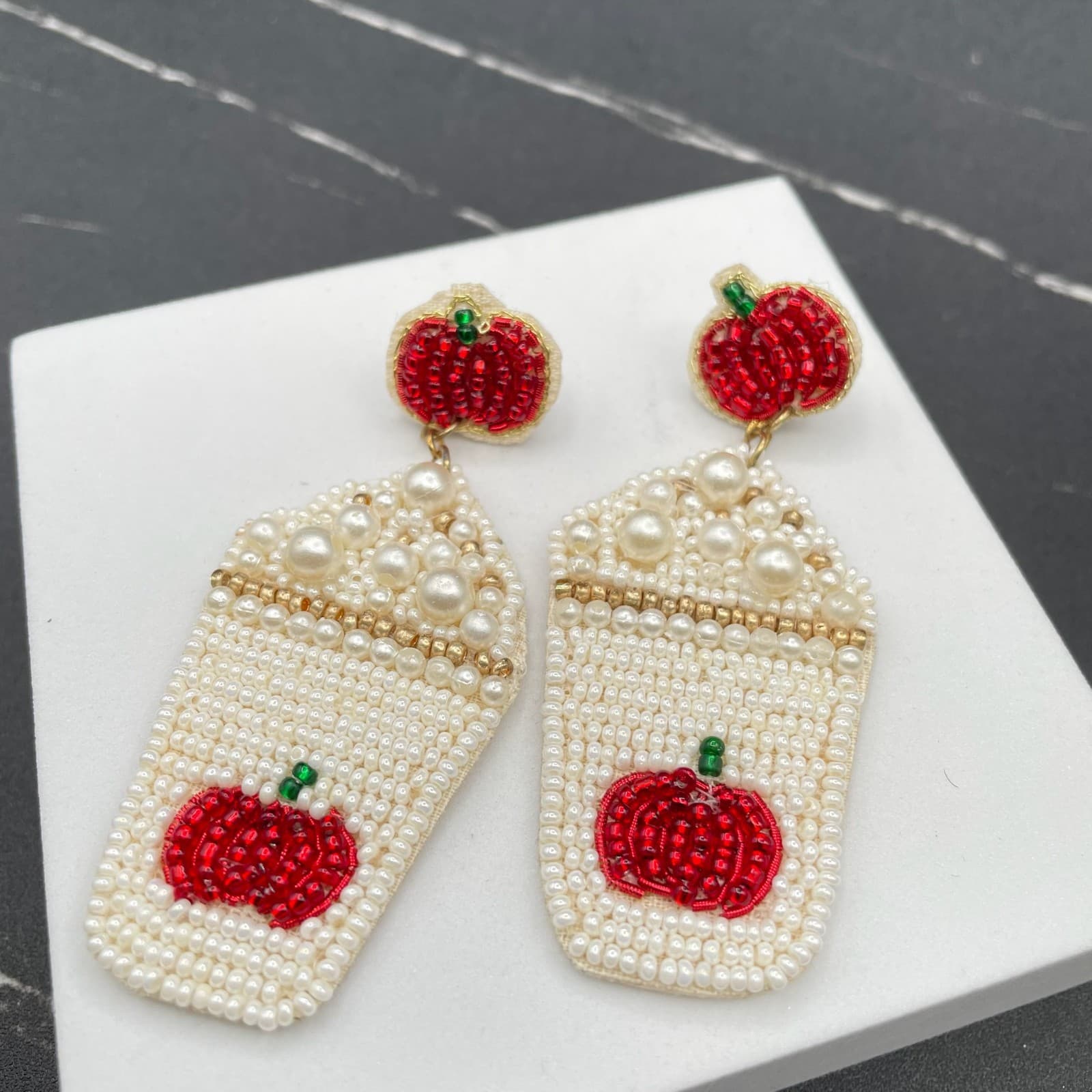 Contemporary White Classic Fashion Pumpkin Spice Latte Beaded Dangle Earrings - Thumbnail 4