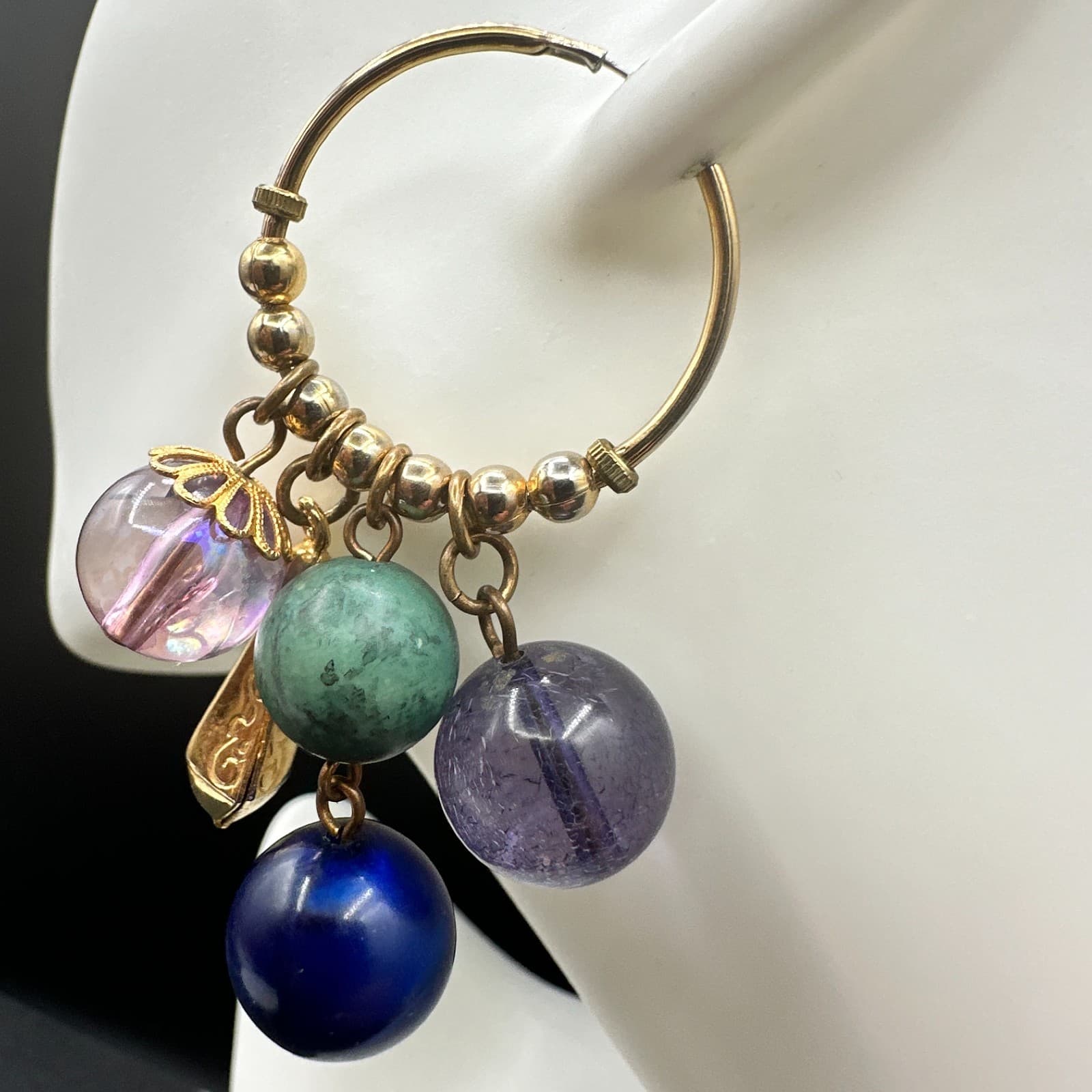 Vintage Gold Tone Chandelier Hoop Earrings Multi Bead Charm Dangle Drop - Thumbnail 6