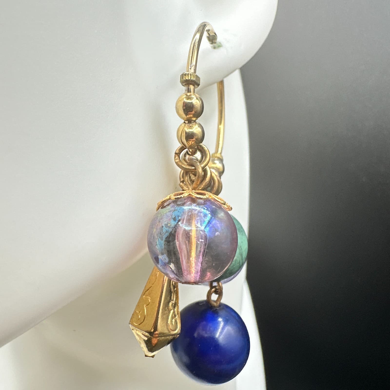 Vintage Gold Tone Chandelier Hoop Earrings Multi Bead Charm Dangle Drop - Thumbnail 9