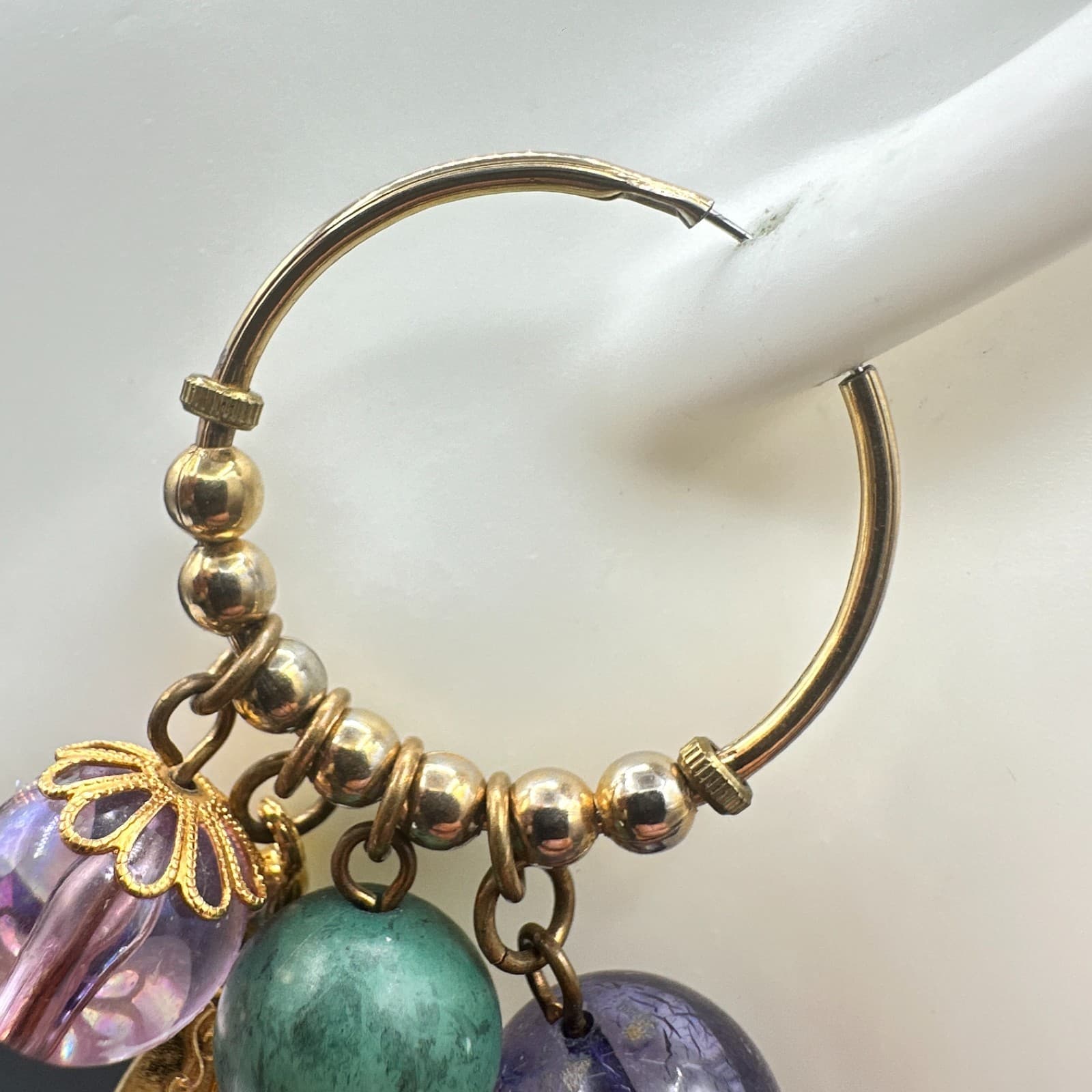 Vintage Gold Tone Chandelier Hoop Earrings Multi Bead Charm Dangle Drop - Thumbnail 11