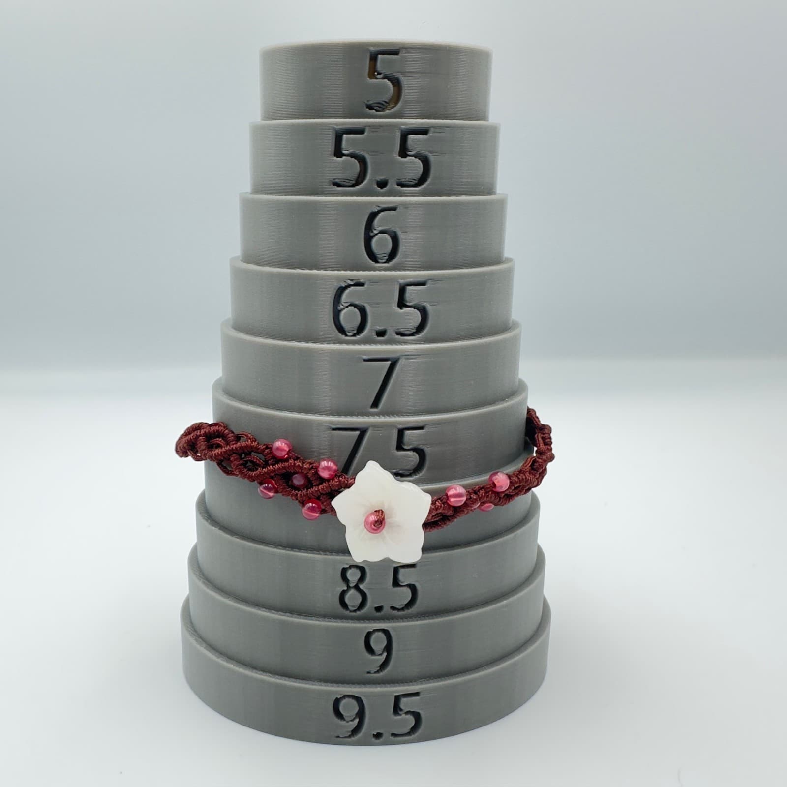 Red Macramé Beaded Bracelet w/ White Flower Charm Boho Artisan - Thumbnail 5