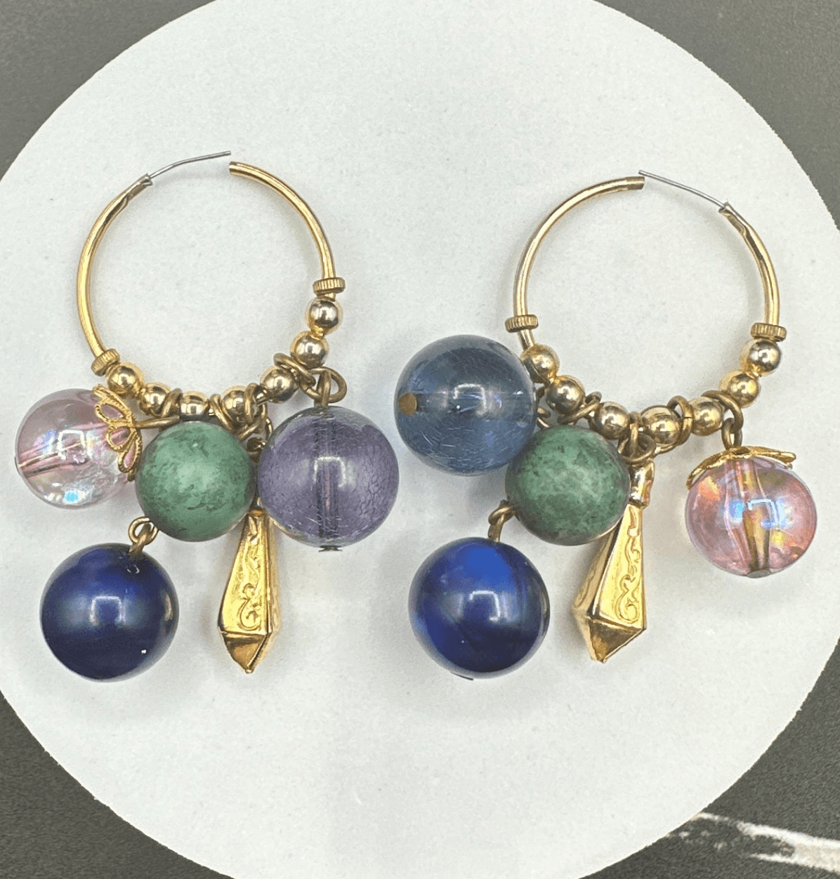 Vintage Gold Tone Chandelier Hoop Earrings Multi Bead Charm Dangle Drop - Image 1