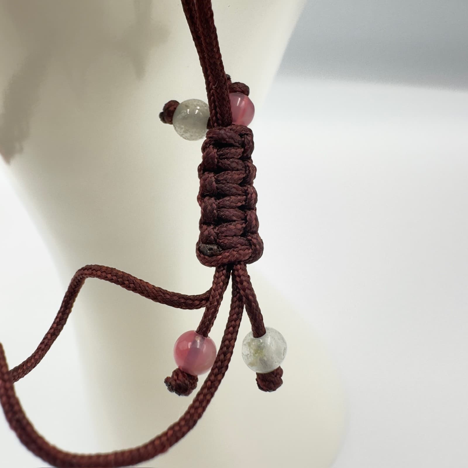 Red Macramé Beaded Bracelet w/ White Flower Charm Boho Artisan - Thumbnail 3