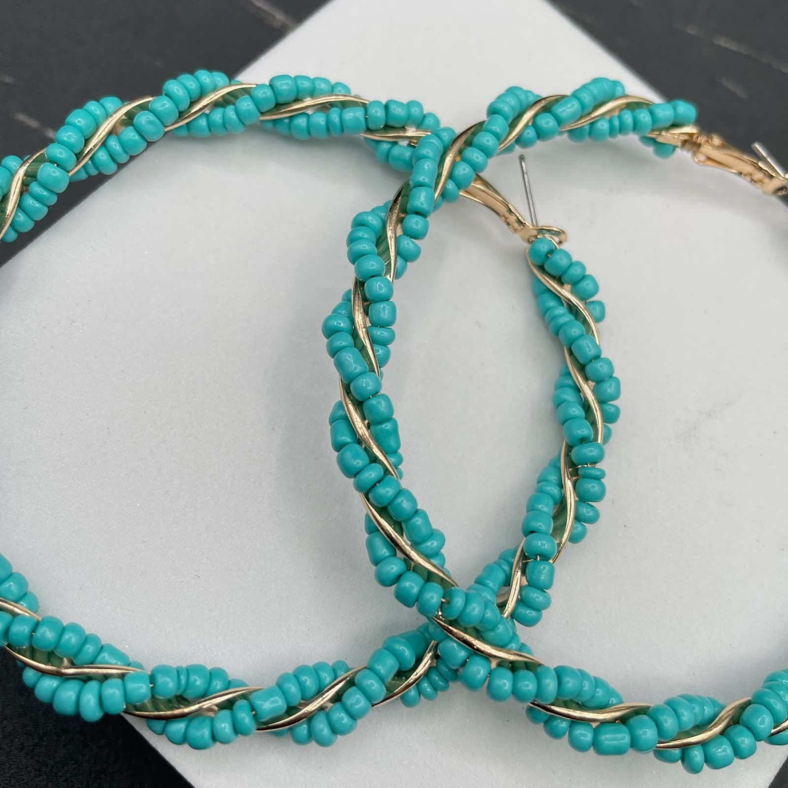 Bohemian Gold-Tone Helical Wrap Wire Turquoise Seed Bead Hoop Latch Earrings - Thumbnail 3