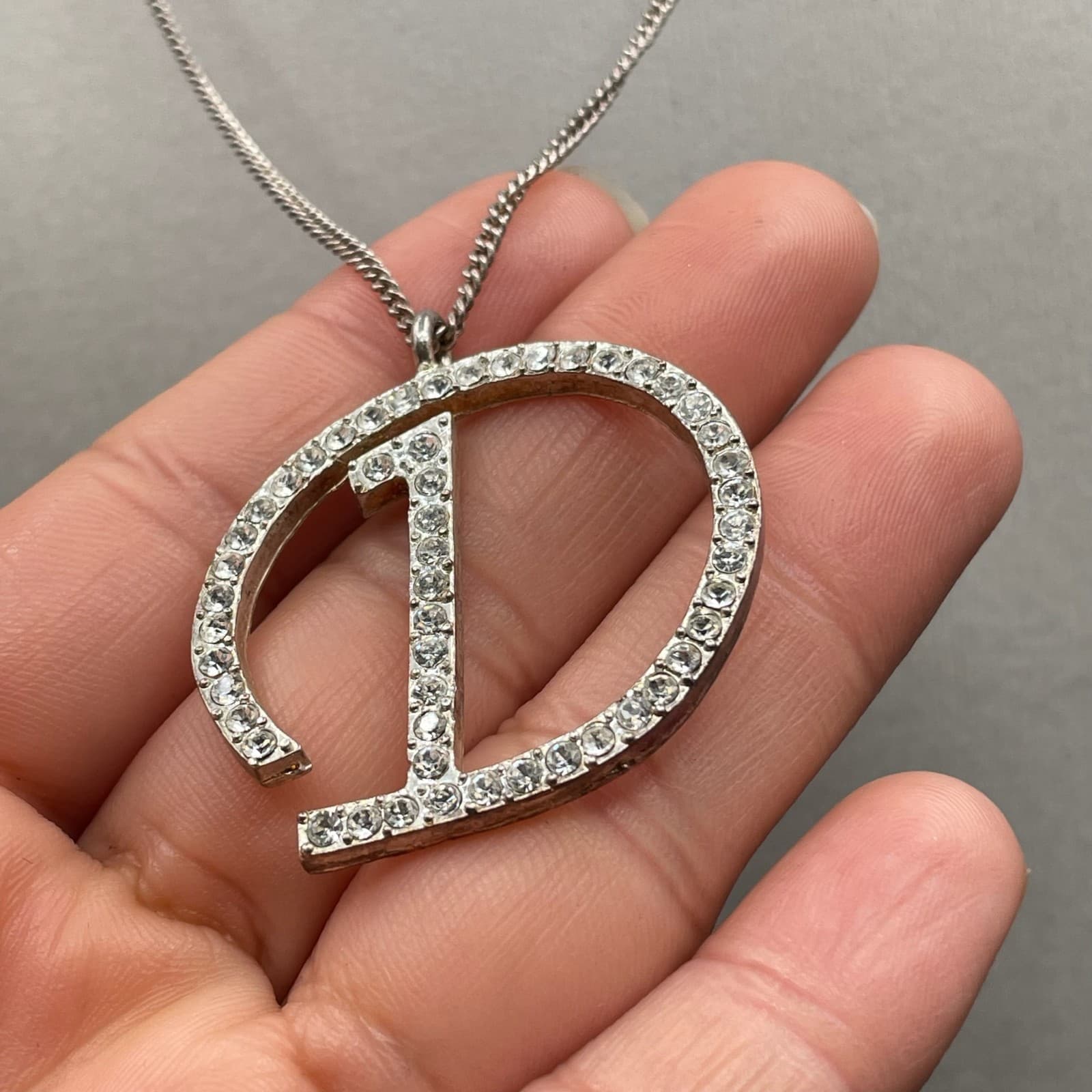 Vintage Silver-Tone Classic Pave Rhinestone Initial "D" Pendant Lobster Necklace - Image 1