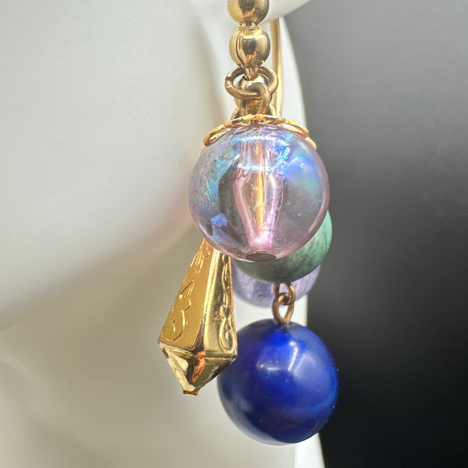 Vintage Gold Tone Chandelier Hoop Earrings Multi Bead Charm Dangle Drop - Thumbnail 10