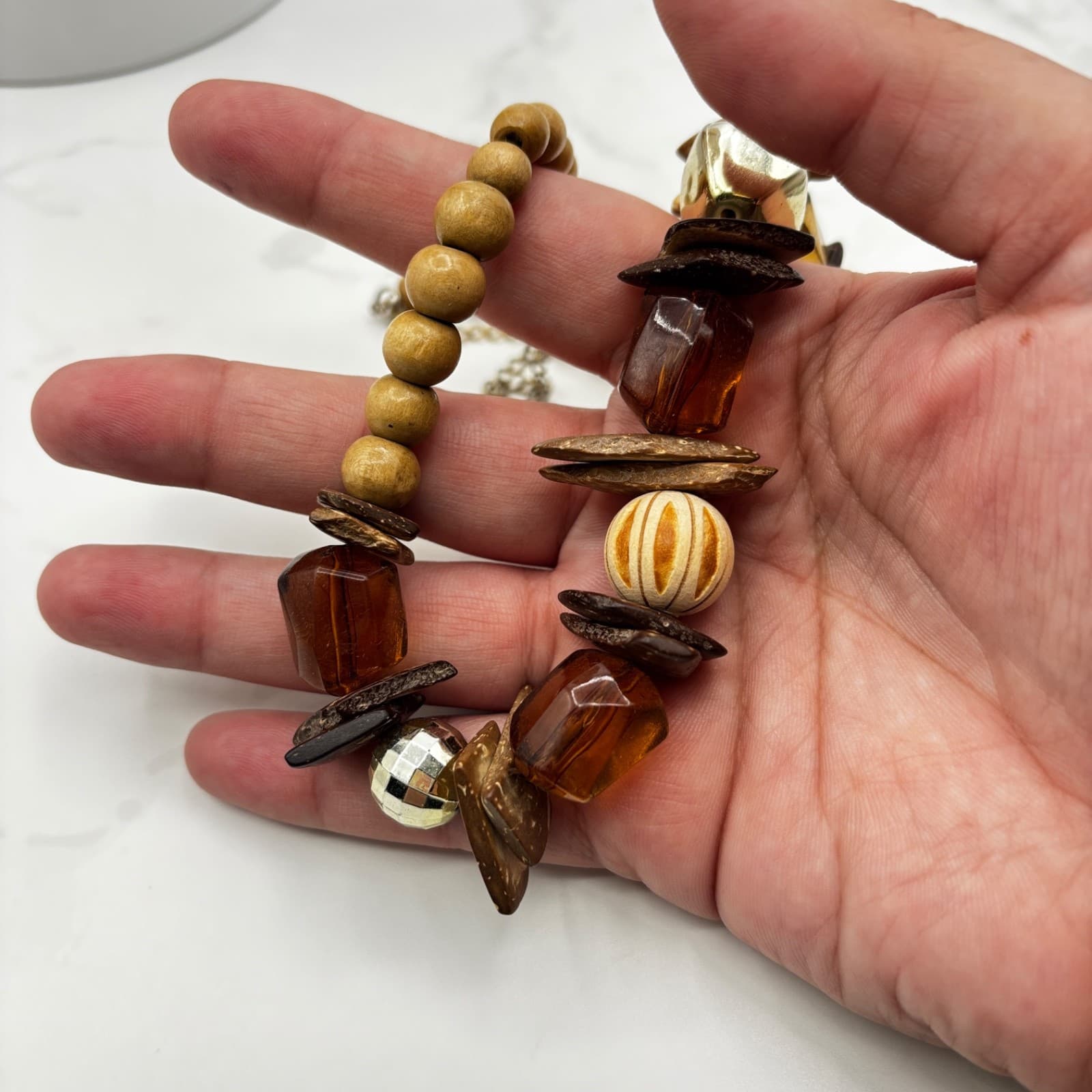 Vintage Chunky Wood Beaded Necklace Brown Amber Tribal Boho Statement - Thumbnail 12