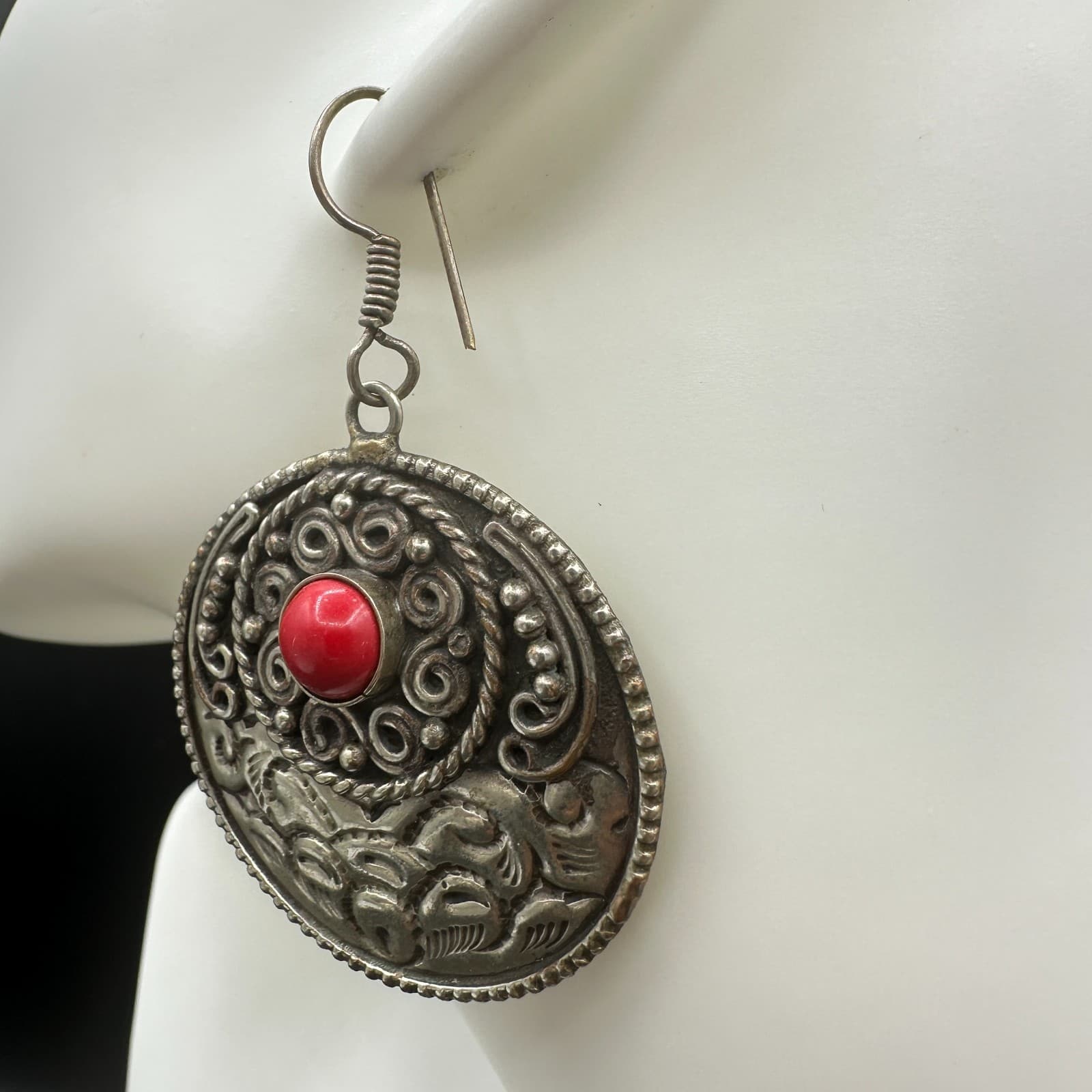 VTG Tibetan Ethnic Dangle Earrings Silver Tone Metal Red Stone Filigree Round - Thumbnail 4