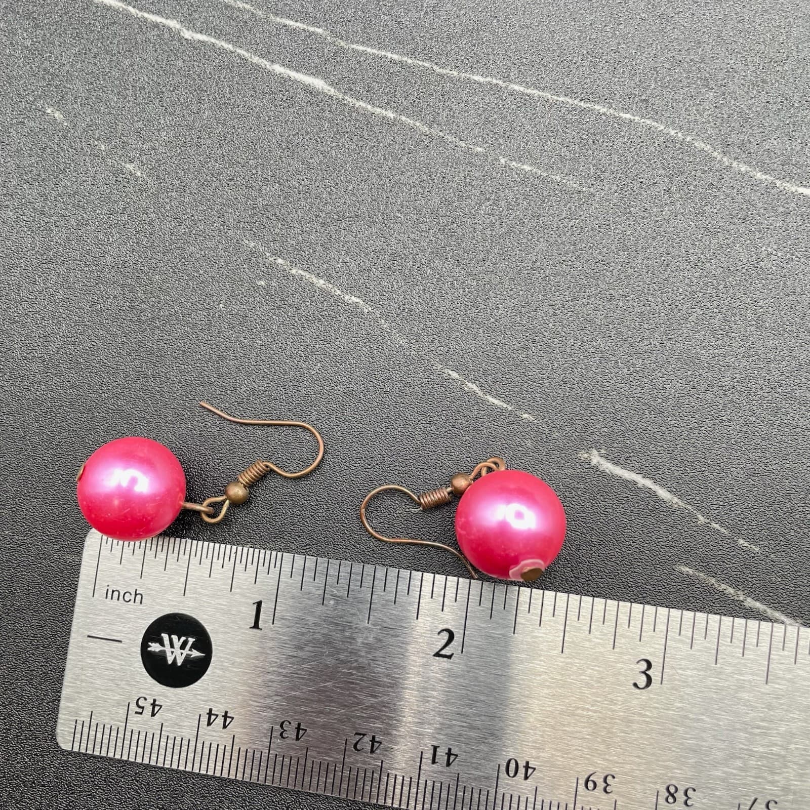 Vintage Bronze-Tone Fuchsia Pink Round Beaded Drop Dangle French Hook Earrings - Thumbnail 7