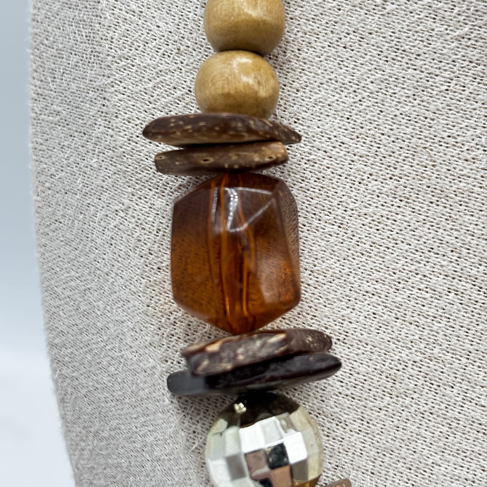 Vintage Chunky Wood Beaded Necklace Brown Amber Tribal Boho Statement - Thumbnail 6