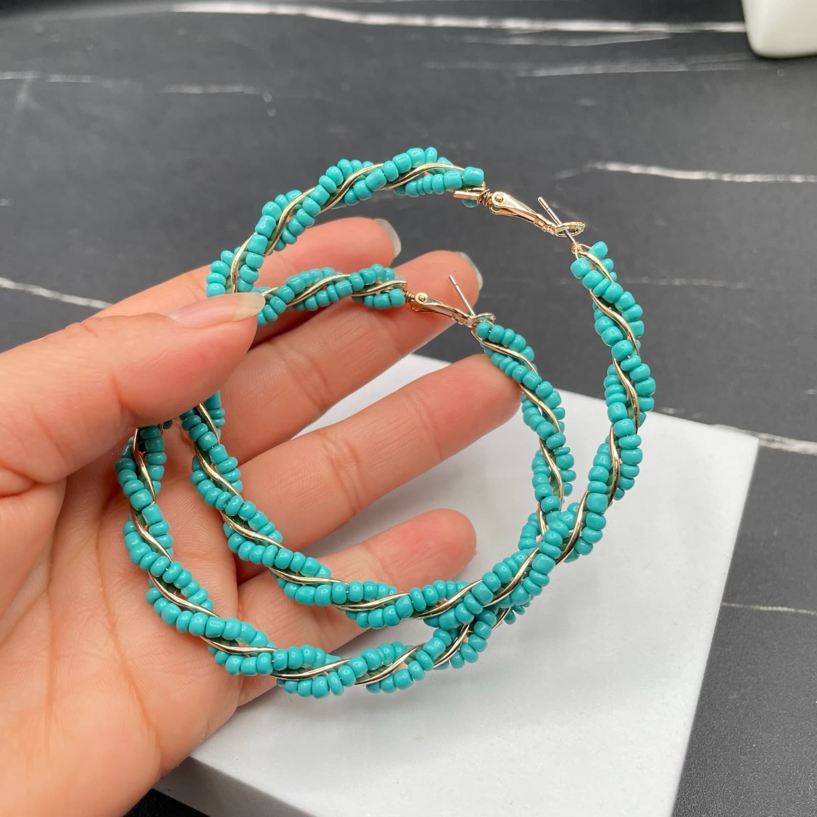 Bohemian Gold-Tone Helical Wrap Wire Turquoise Seed Bead Hoop Latch Earrings - Thumbnail 5