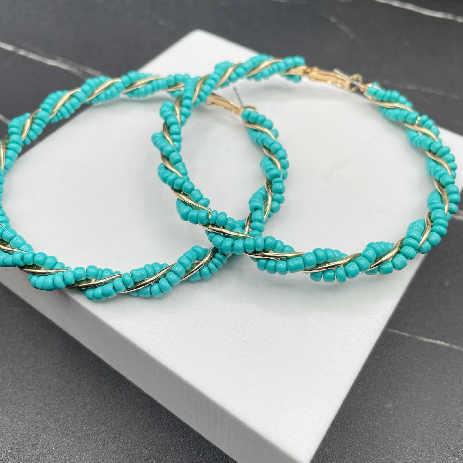 Bohemian Gold-Tone Helical Wrap Wire Turquoise Seed Bead Hoop Latch Earrings - Thumbnail 4