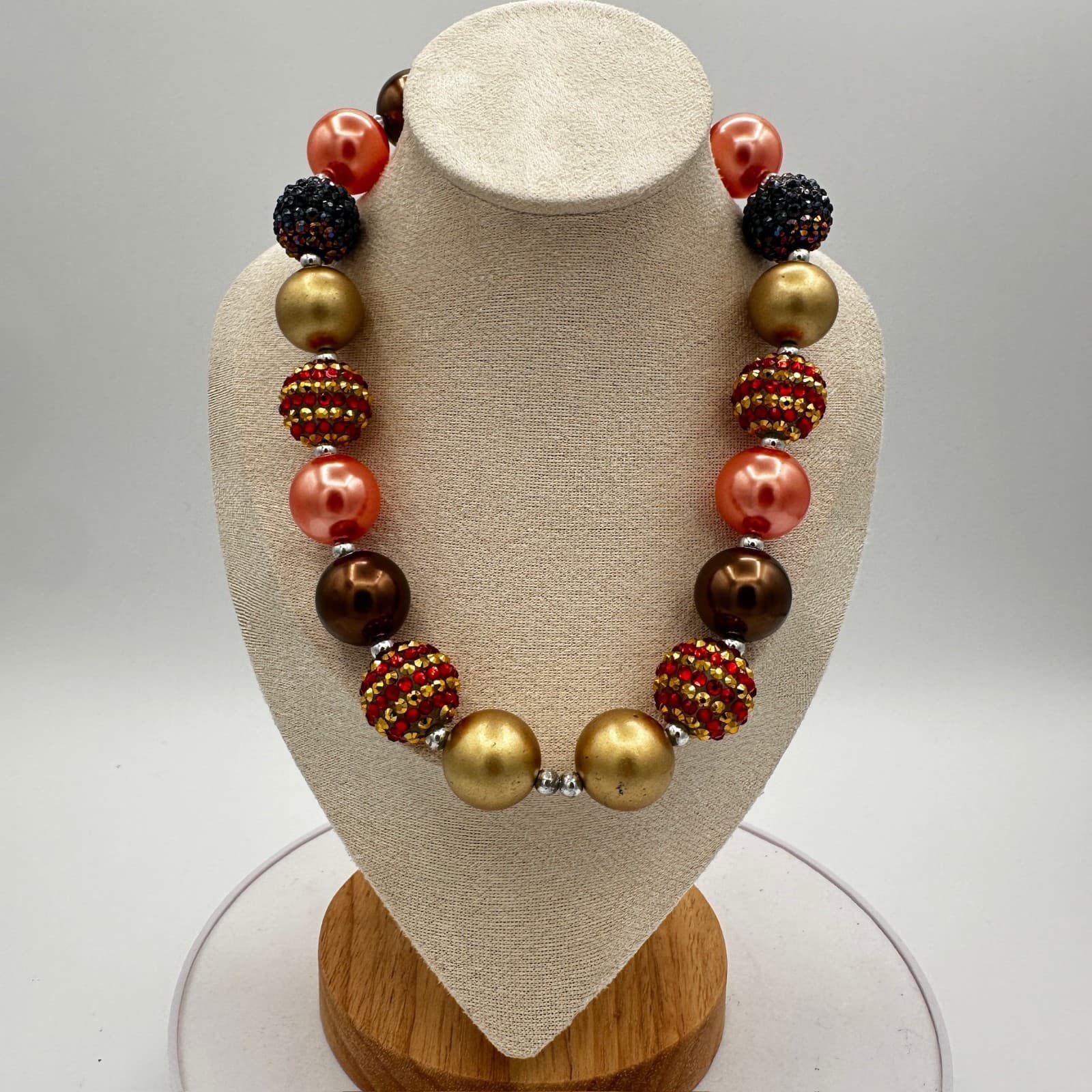Chunky Beaded Statement Necklace Gold Brown Coral Rhinestone Retro - Image 1