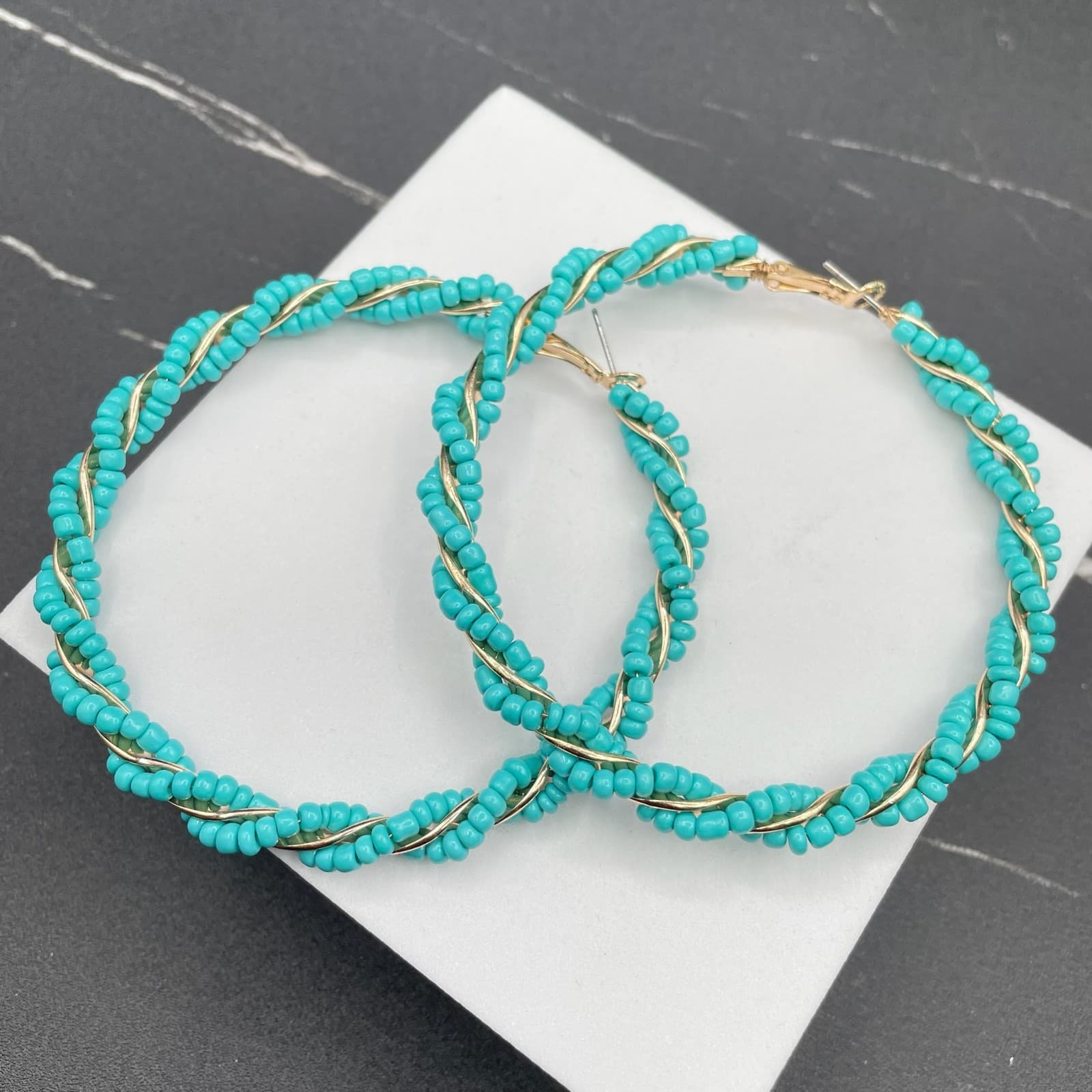 Bohemian Gold-Tone Helical Wrap Wire Turquoise Seed Bead Hoop Latch Earrings - Image 1